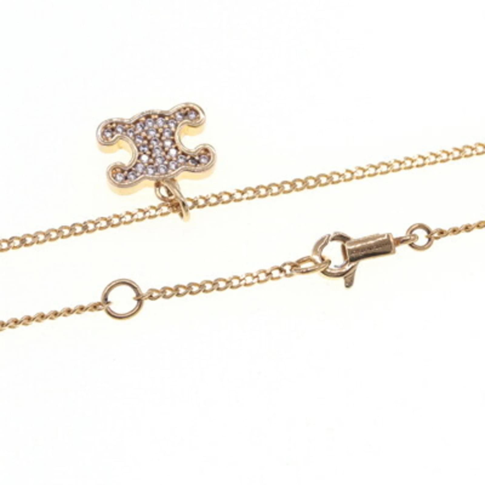 【Celine】 Triomphe Rhinestone Necklace Brass Gold Crystals CELINE Necklace Brass Crystal Triomphe Rhinestone Necklace