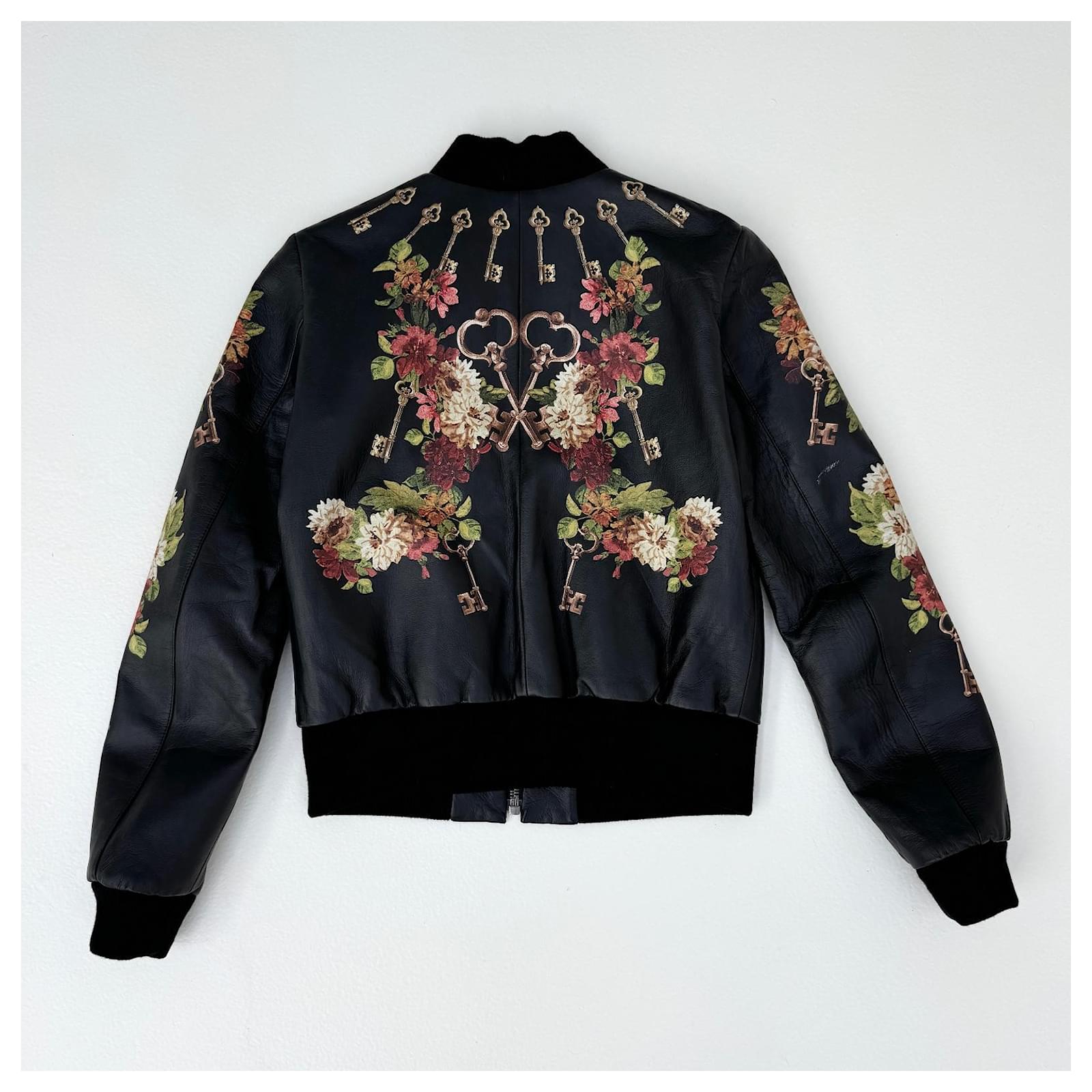 Dolce & Gabbana Leather Bomber Jacket Flowers and Keys Print Black