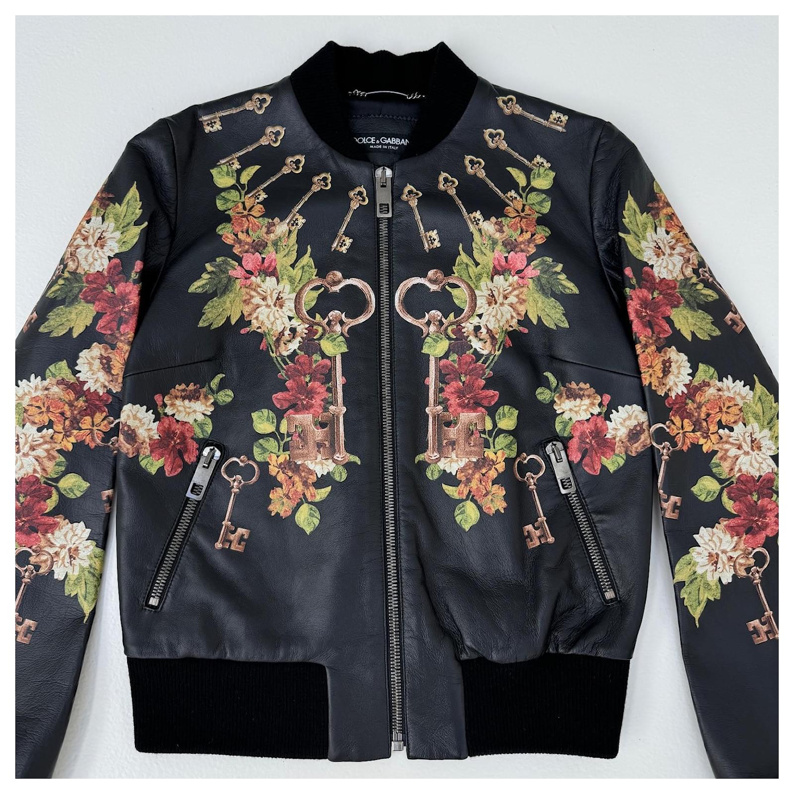 Dolce & Gabbana Leather Bomber Jacket Flowers and Keys Print Black