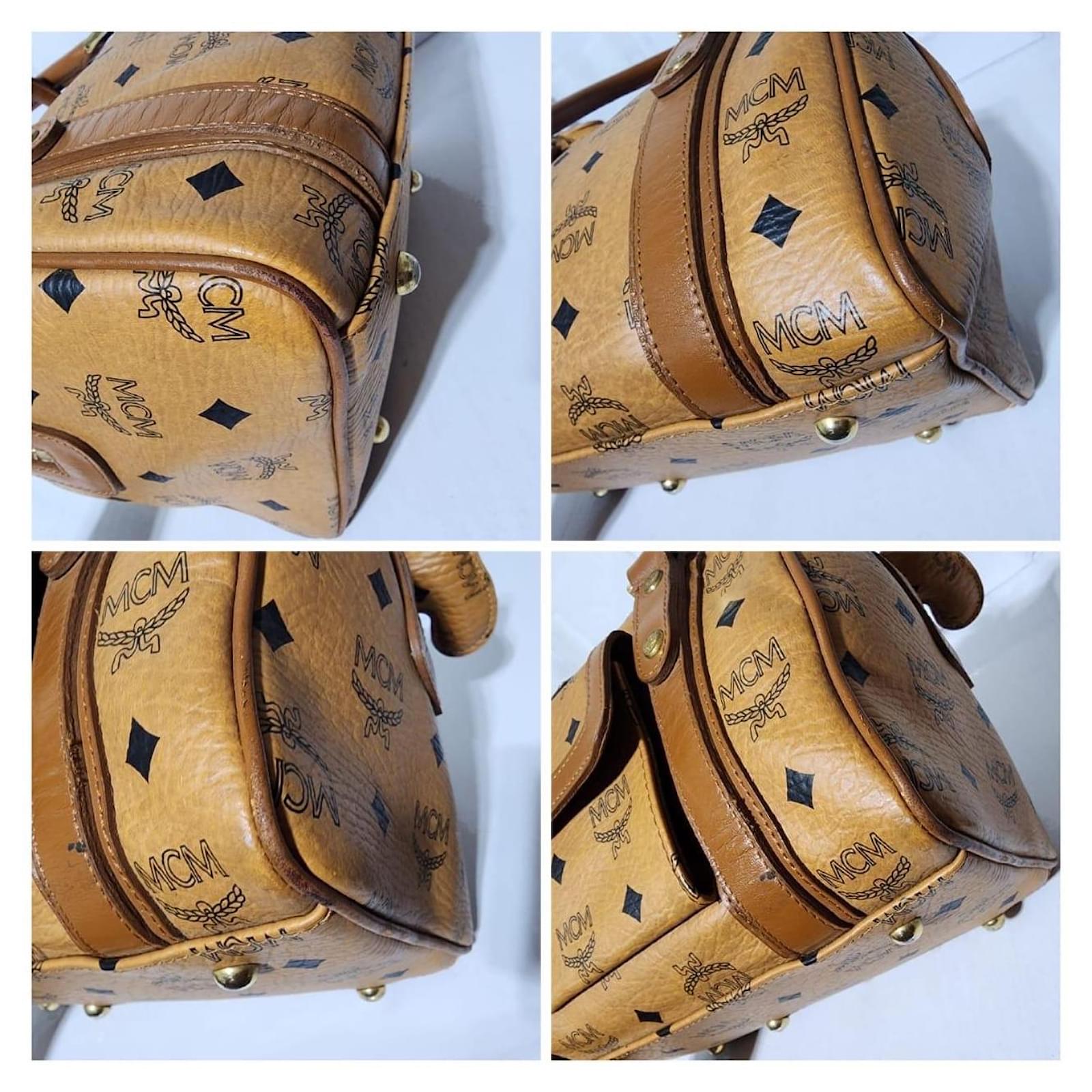MCM Visetos Front Pocket Boston Bag with Dog Bone Charm Cognac