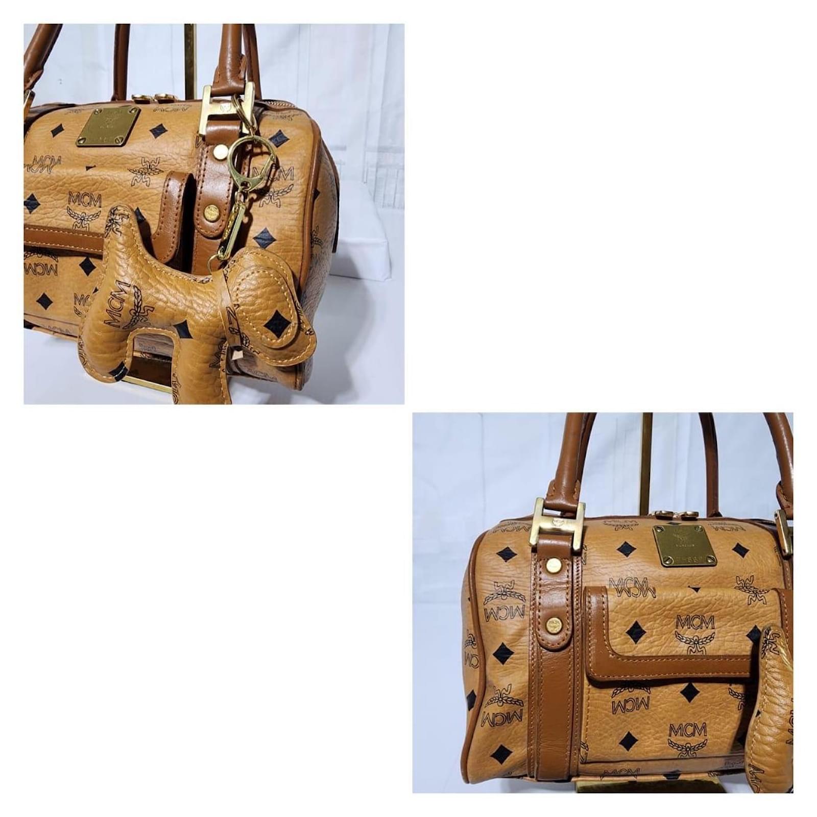 MCM Visetos Front Pocket Boston Bag with Dog Bone Charm Cognac
