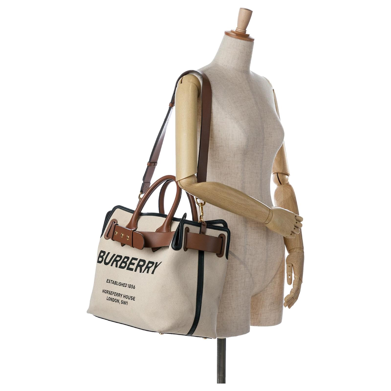 アクセサリー BURBERRY HORSEFERRY HOUSE Burberry Brown Canvas Horseferry Belt Satchel Beige Cloth