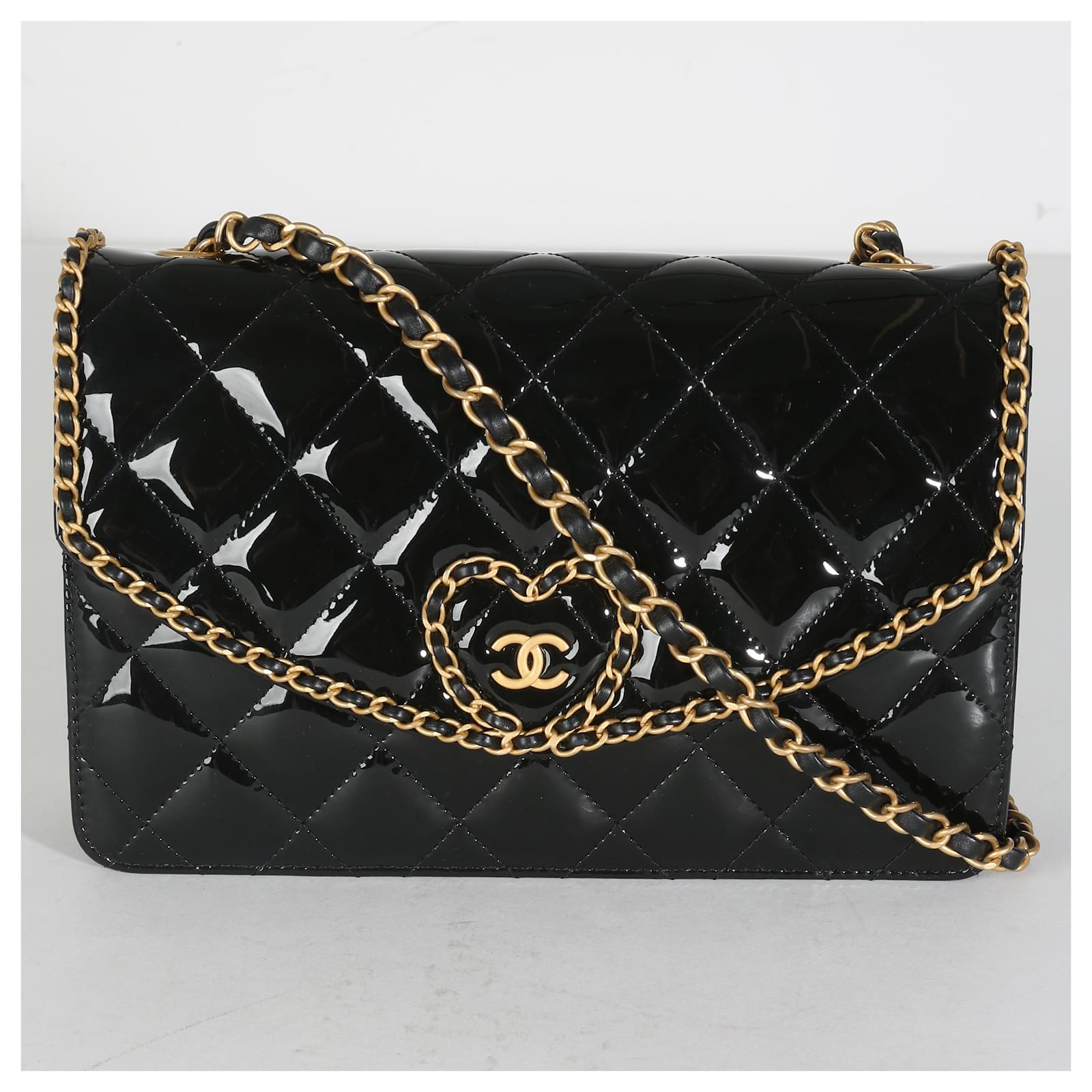 Timeless Chanel 24A Black Quilted Patent Chain Around Heart Flap
