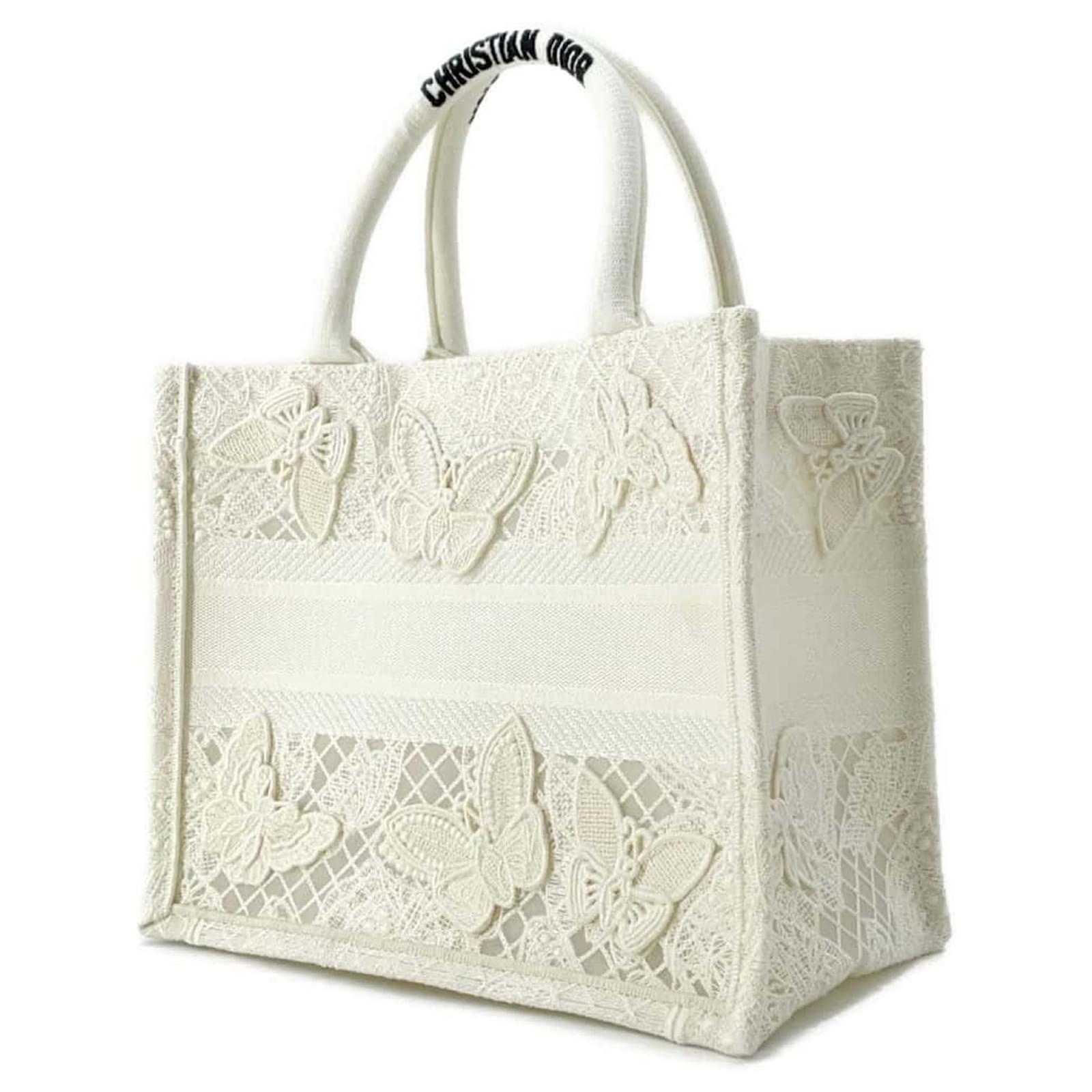 Christian Dior Handbag Book Tote with Butterfly Embroidery White