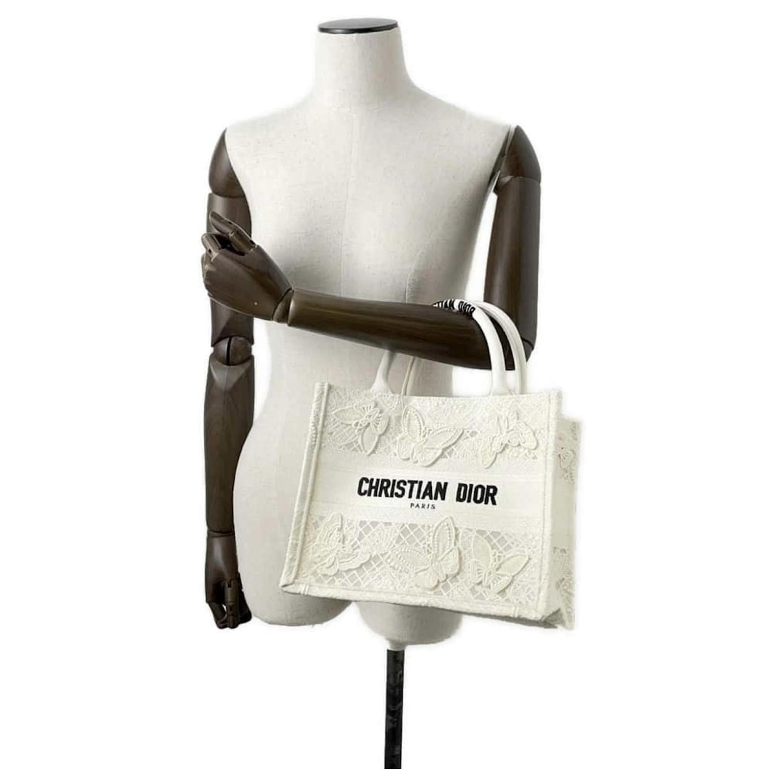 Christian Dior Handbag Book Tote with Butterfly Embroidery White