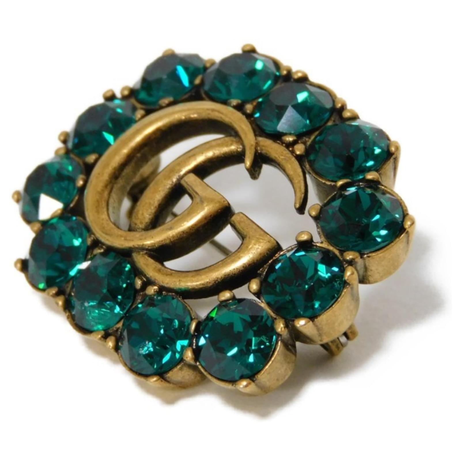Gucci GG Marmont Crystal Rhinestone Brooch Green Metal ref