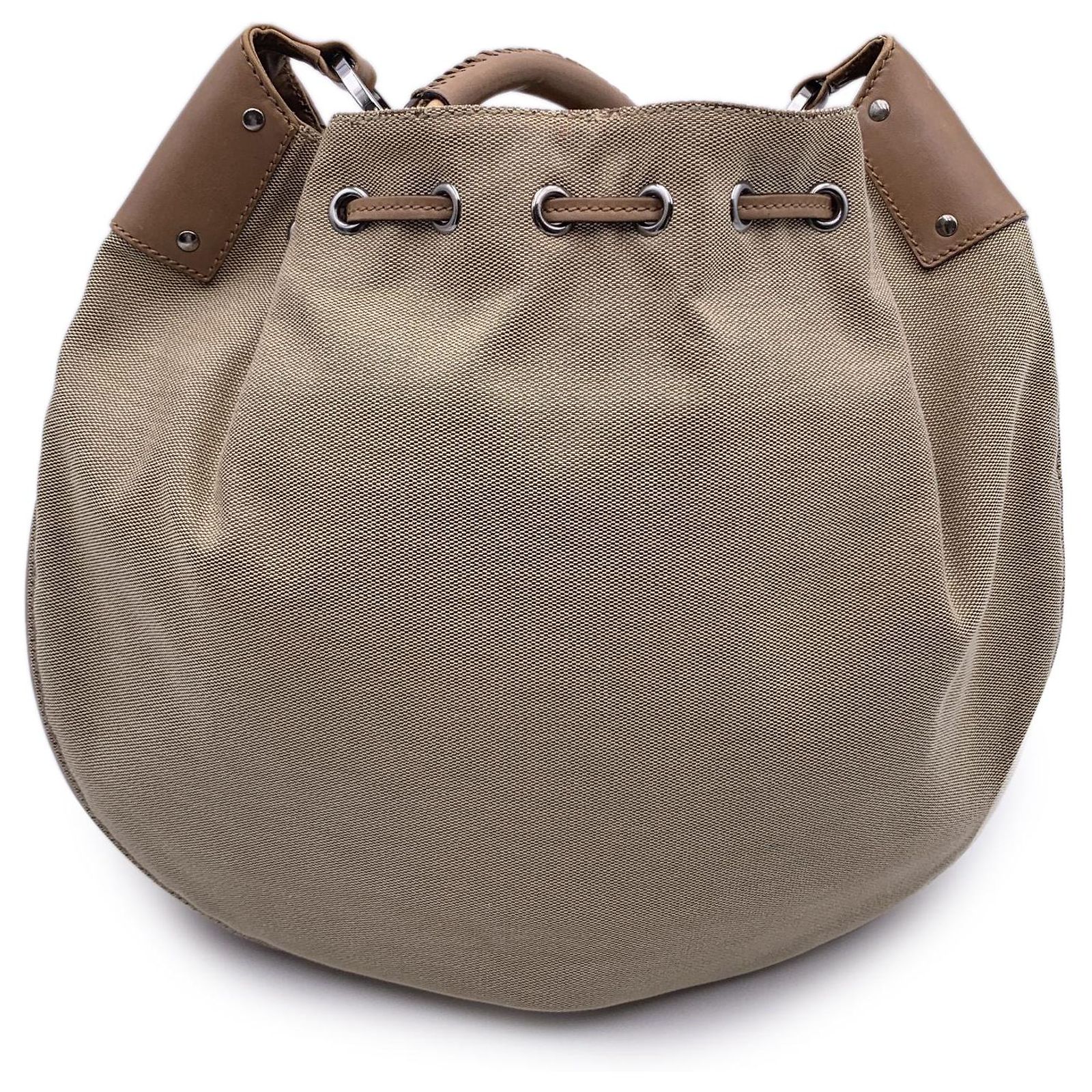 Gucci Beige Canvas Leather Drawstring Hobo Bag Shoulder Bag Tote