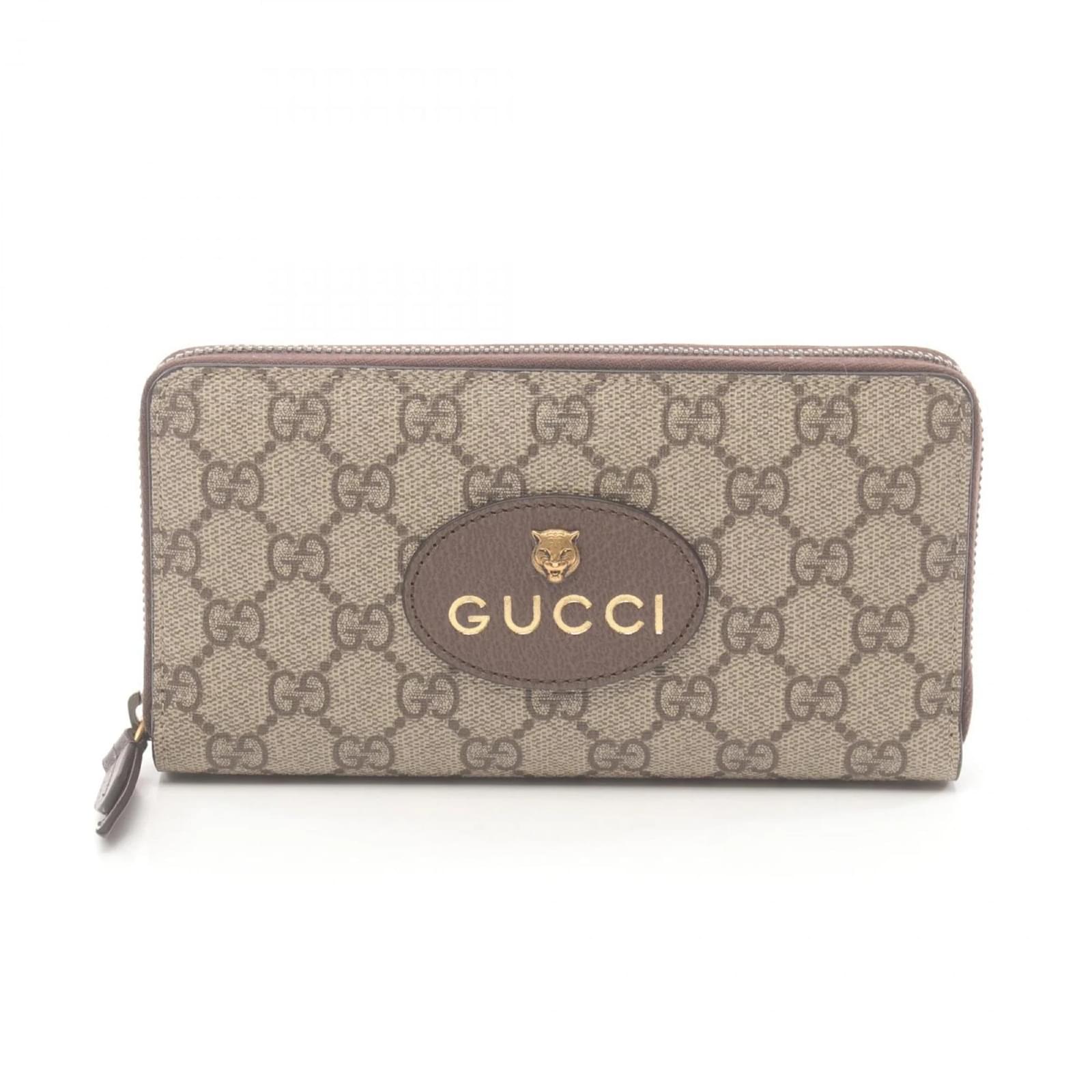 Gucci GG Supreme Round Long Wallet Brown Beige Leather Cloth
