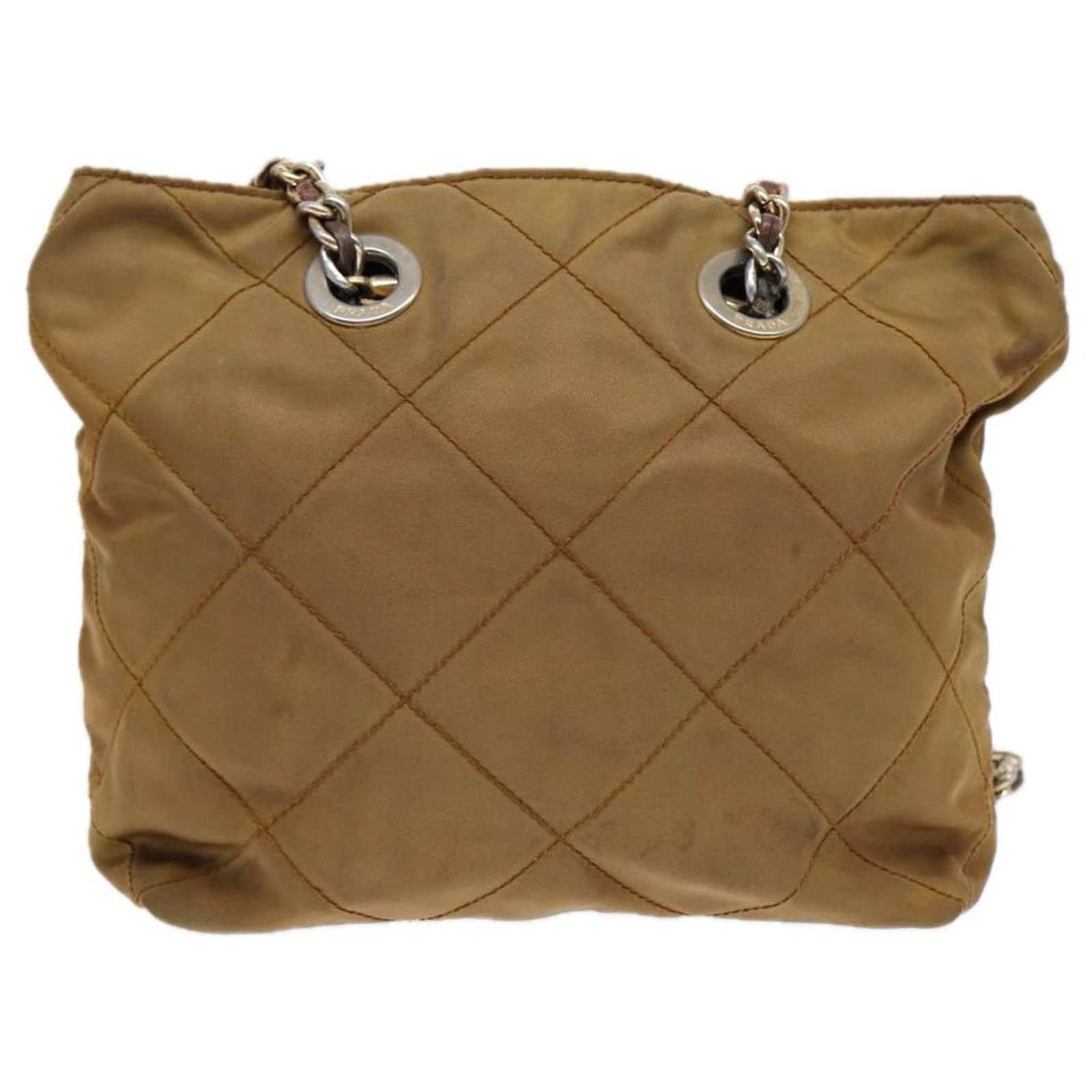 PRADA Chain Shoulder Bag Nylon Khaki Gold Auth 86608 Golden 