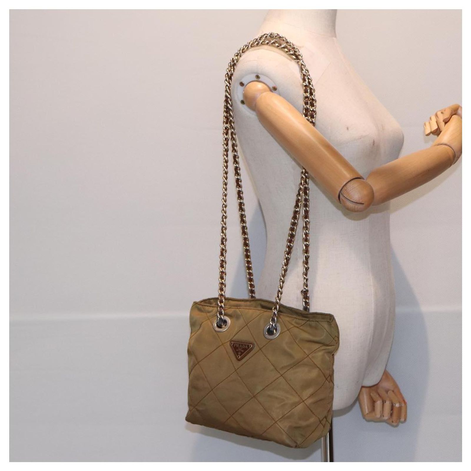 PRADA Chain Shoulder Bag Nylon Khaki Gold Auth 86608 Golden ref 