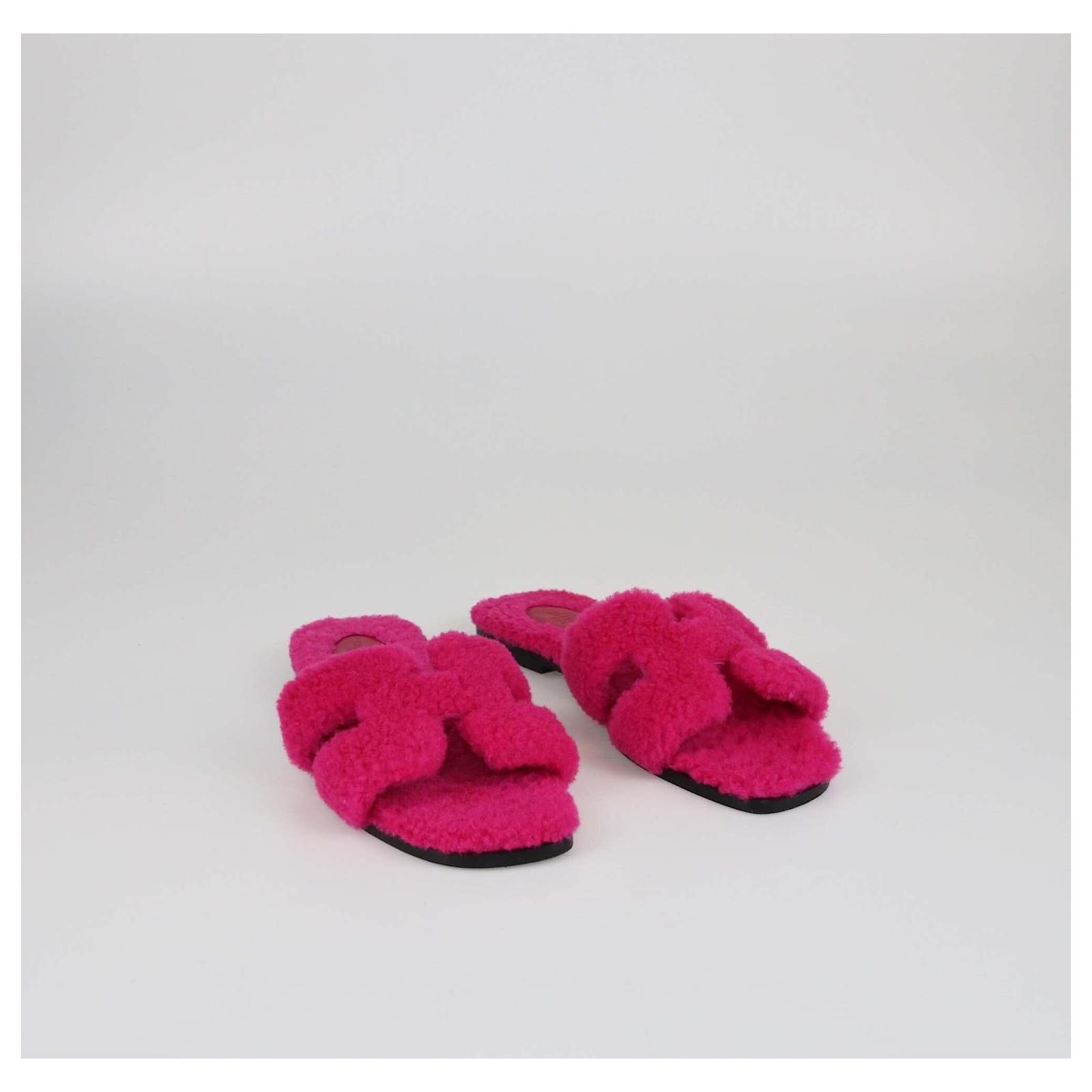 Hermès Hermes Pink Shearling Oran Flat Slides Leather