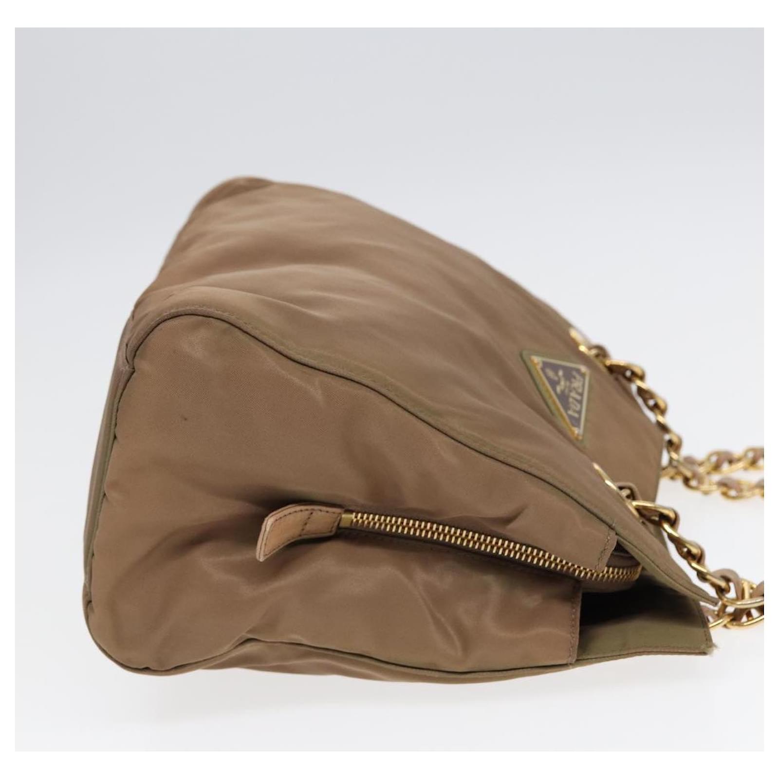 PRADA Chain Shoulder Bag Nylon Beige Gold Auth 90334 Golden