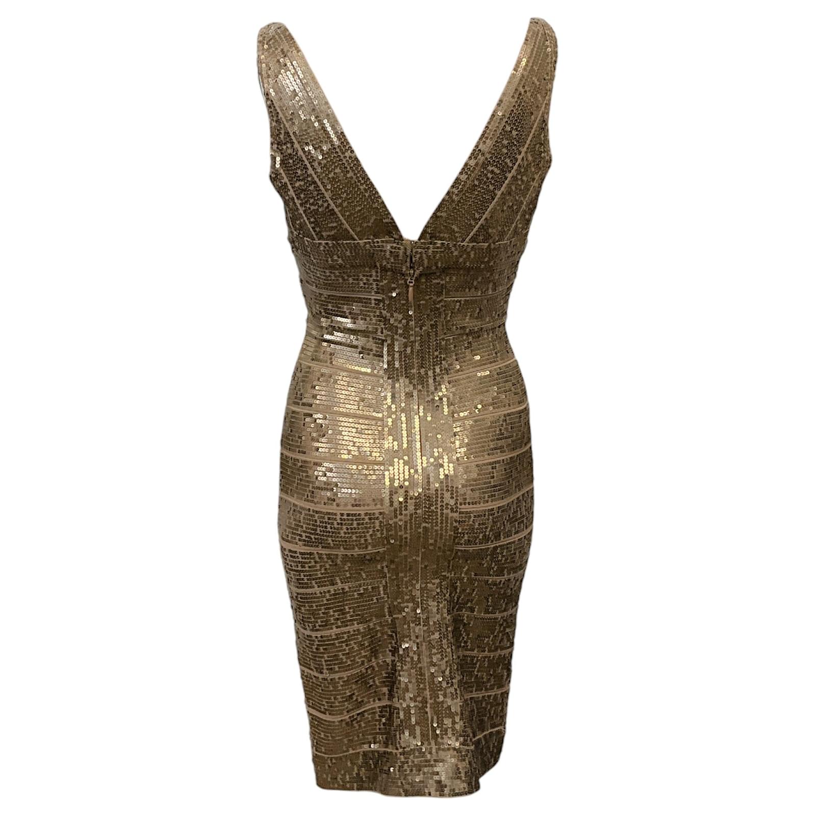 Vestido bandage em paetês dourados antigos Herve Leger Viscose ref