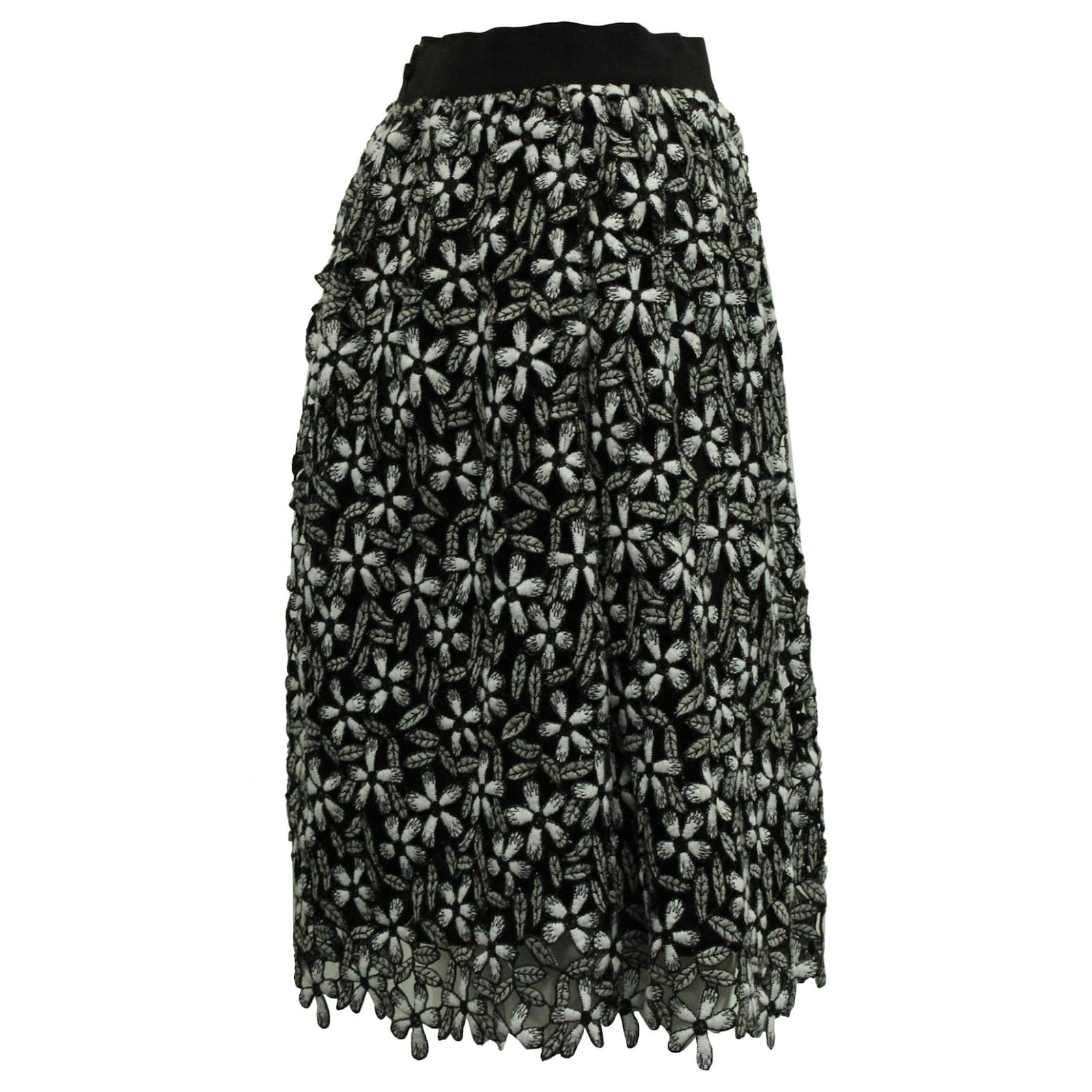 Self Portrait Floral Guipure Lace Skirt in Black and White Midi Skirt  Polyester Python print ref.1643056 - Joli Closet