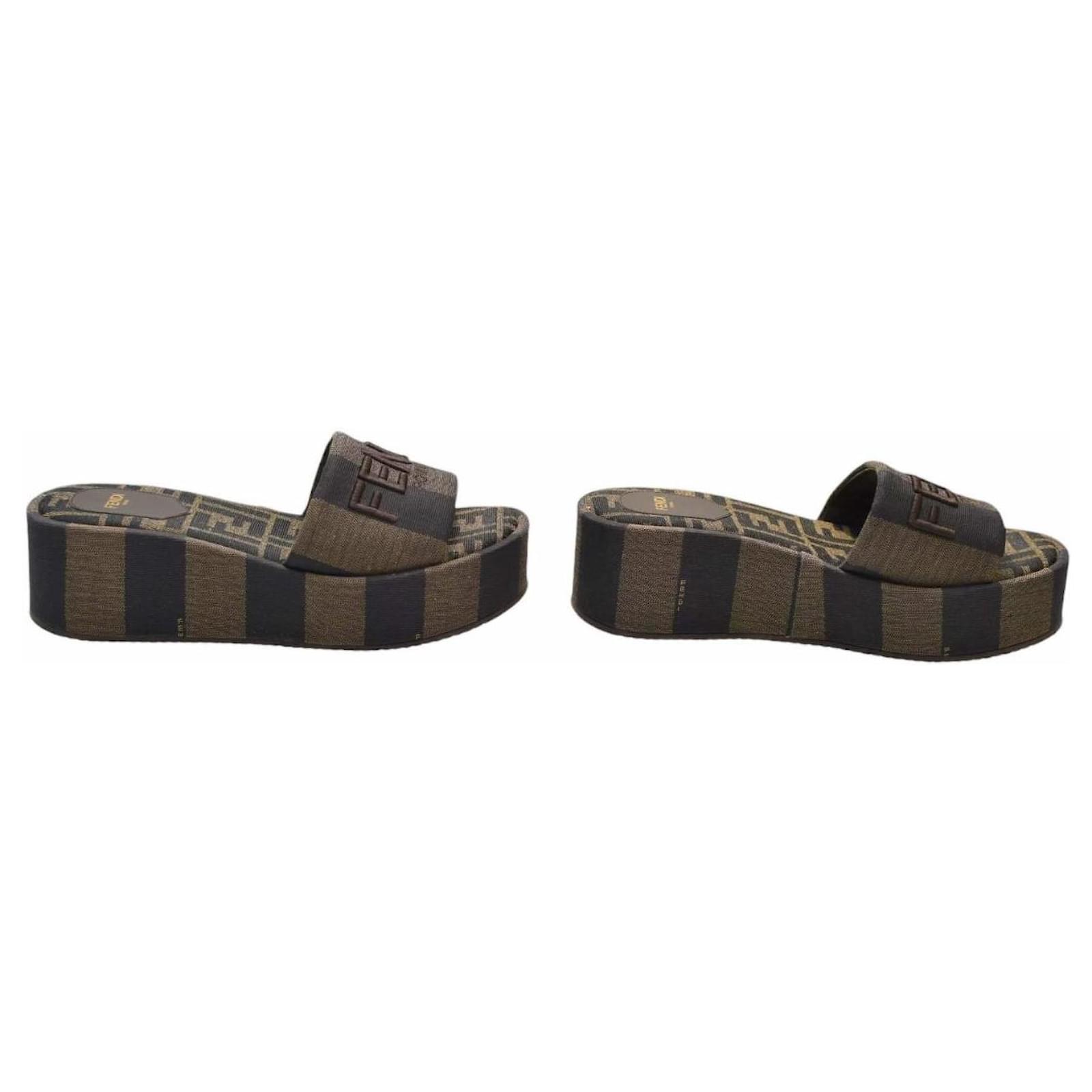 FENDI Sunshine platform slides Brown Logo Embroidered