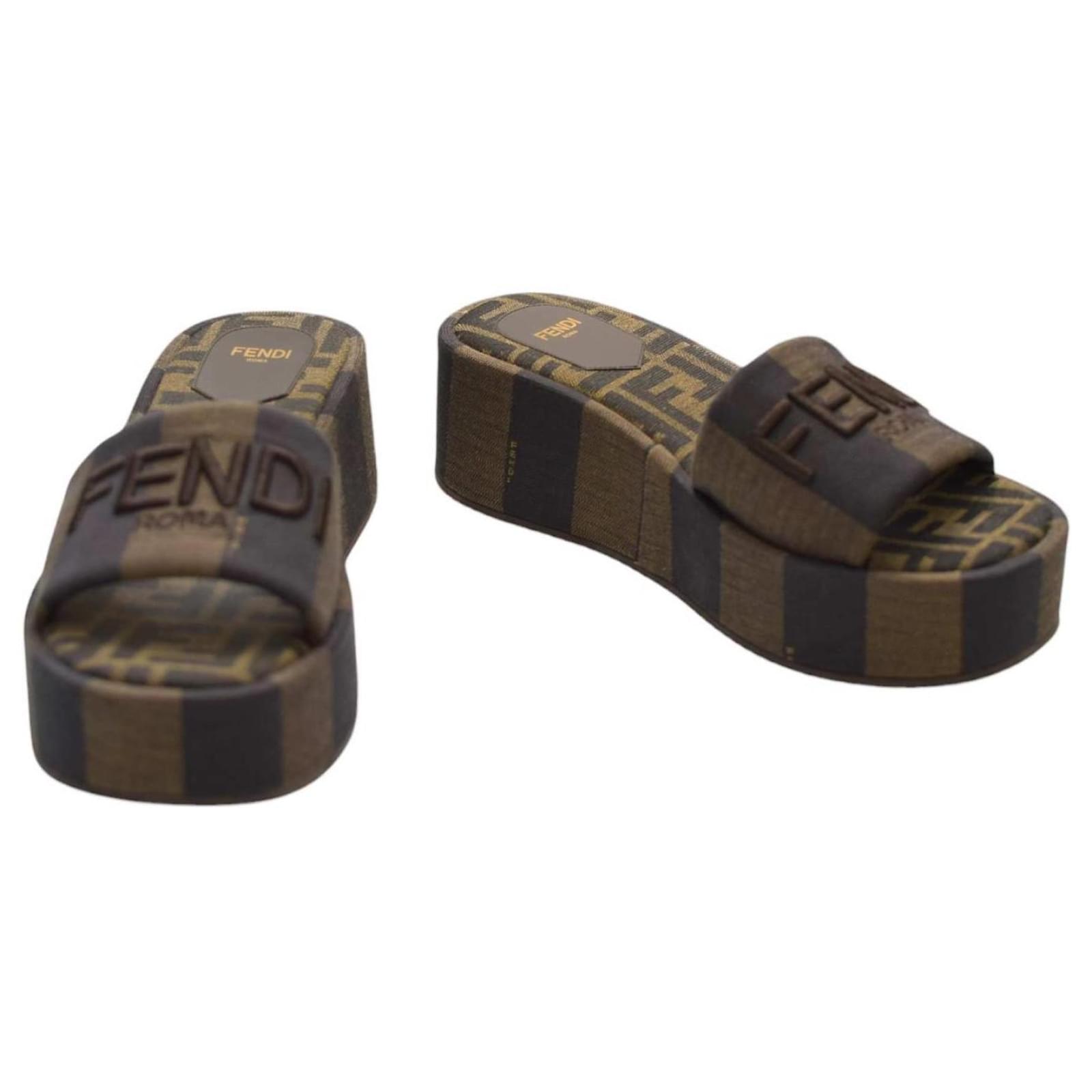 FENDI Sunshine platform slides Brown Logo Embroidered