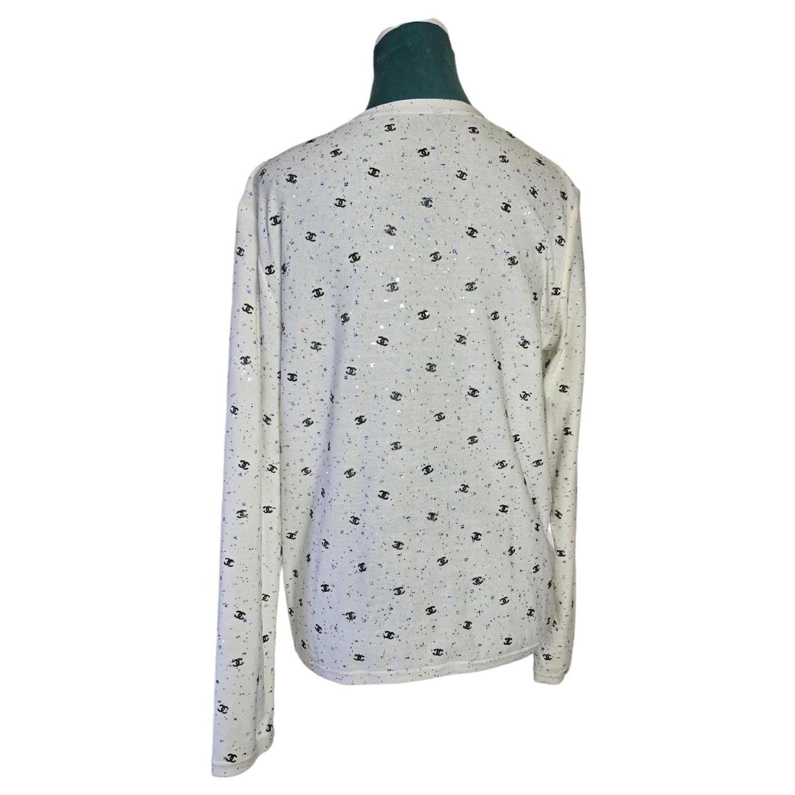 Chanel 20S White CC Logo Sequin Embroidered Long Sleeve Top