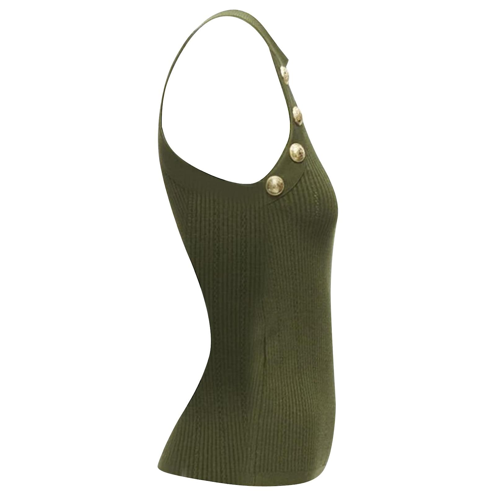 BALMAIN 2021 green viscose knit gold military button halter top