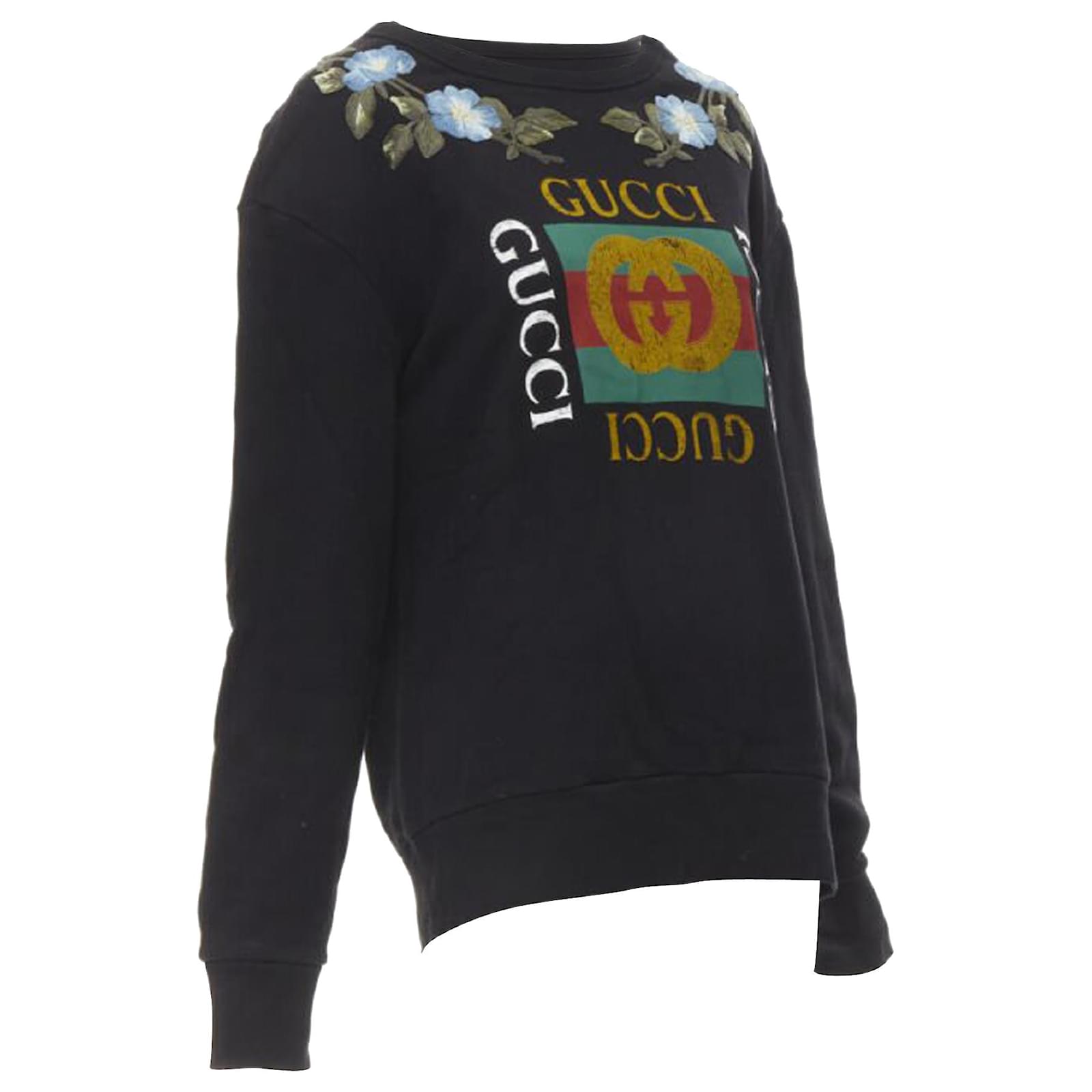 Felpa GUCCI blu con logo ricamato floreale LOVED Nero Cotone ref
