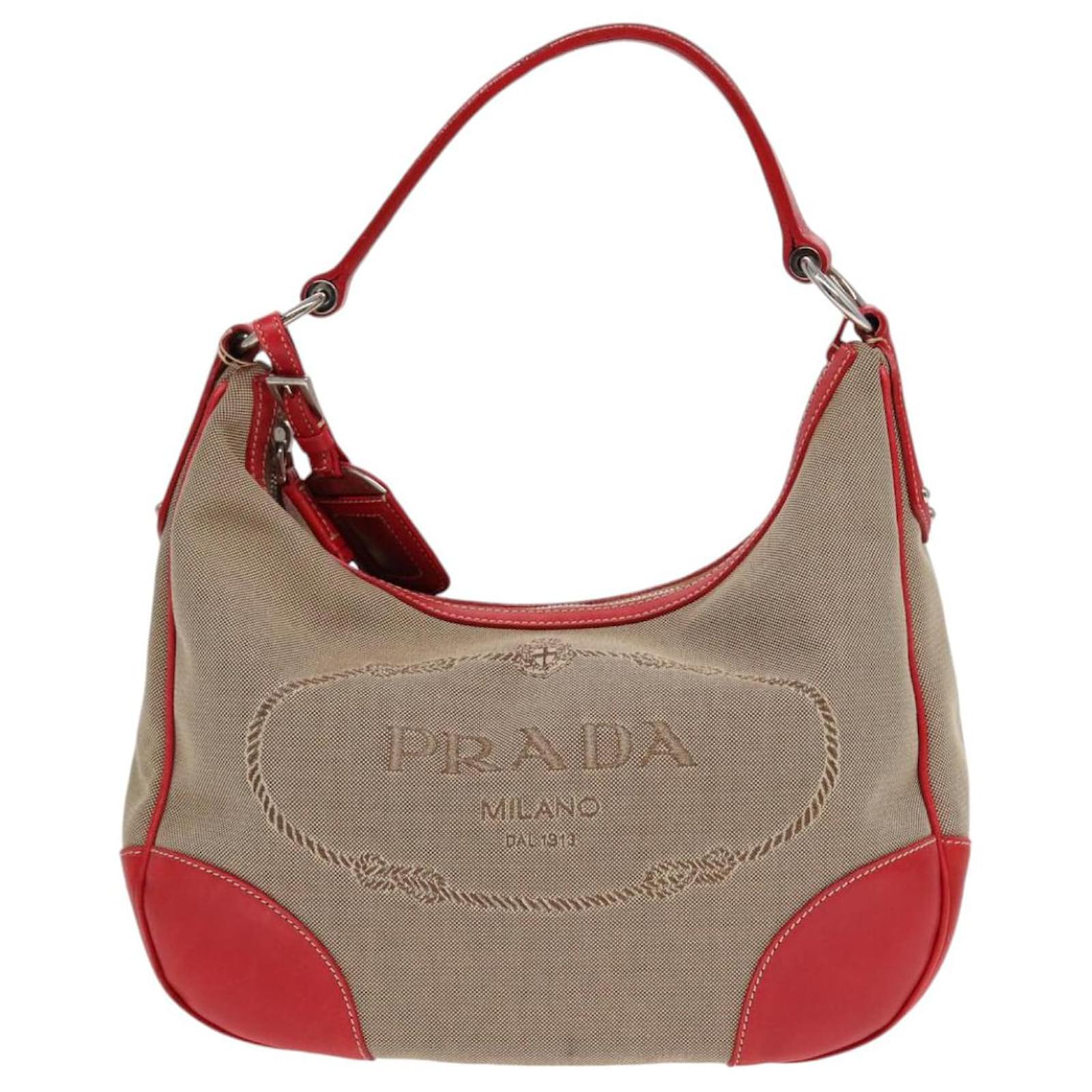 Used Prada Jacquard Logo Canvas Leather Tote Shoulder Bag