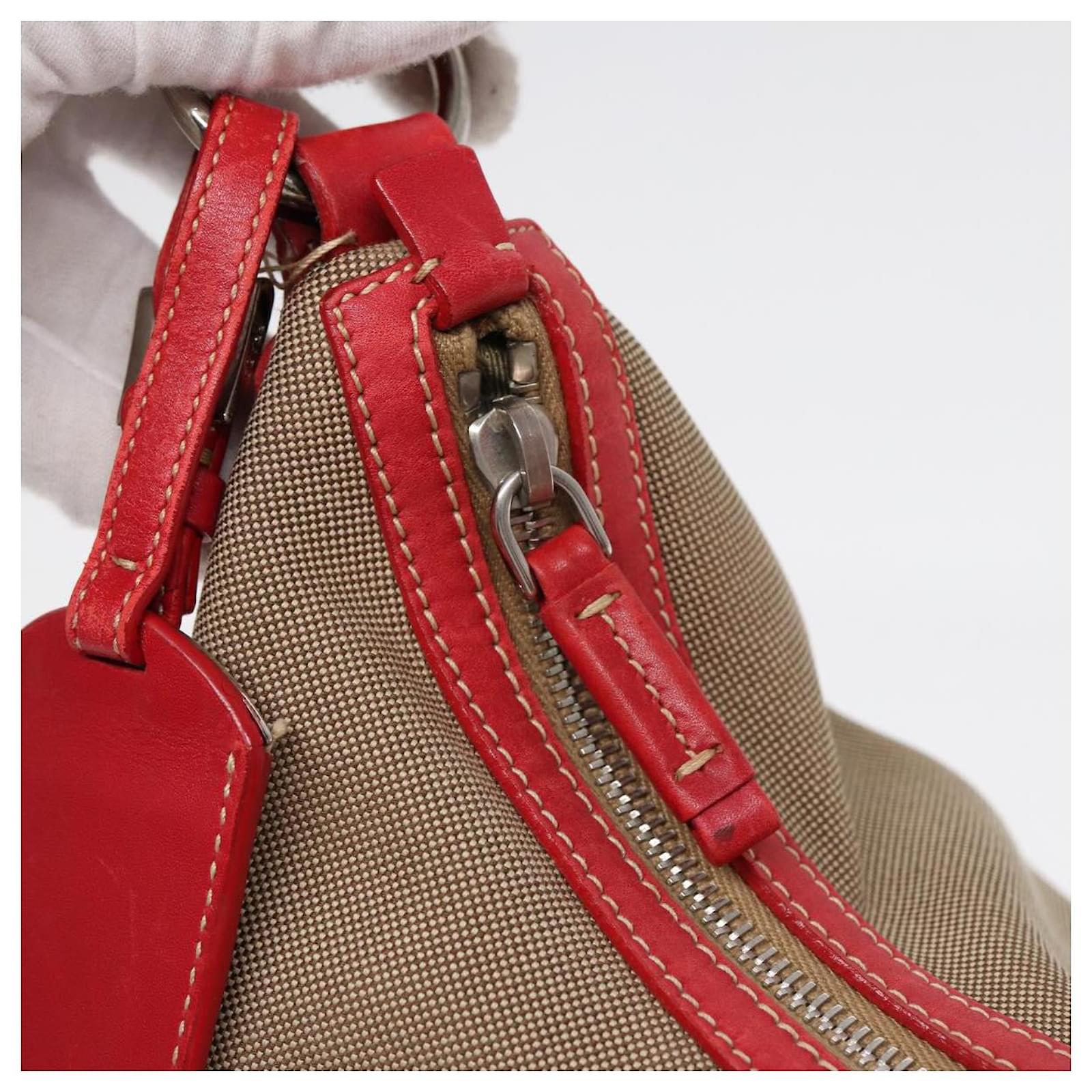 PRADA Shoulder Bag Canvas Leather Red Silver beige Auth yk14646