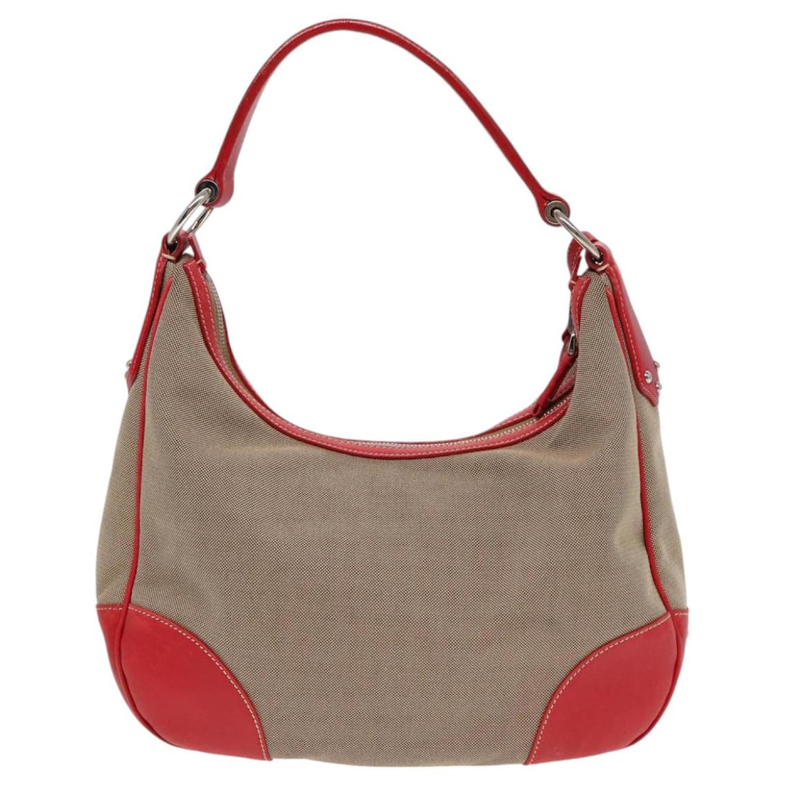 PRADA Shoulder Bag Canvas Leather Red Silver beige Auth