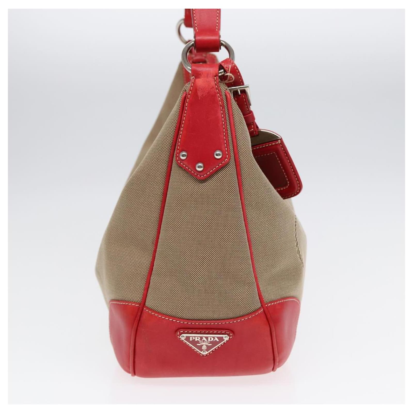 PRADA Shoulder Bag Canvas Leather Red Silver beige Auth