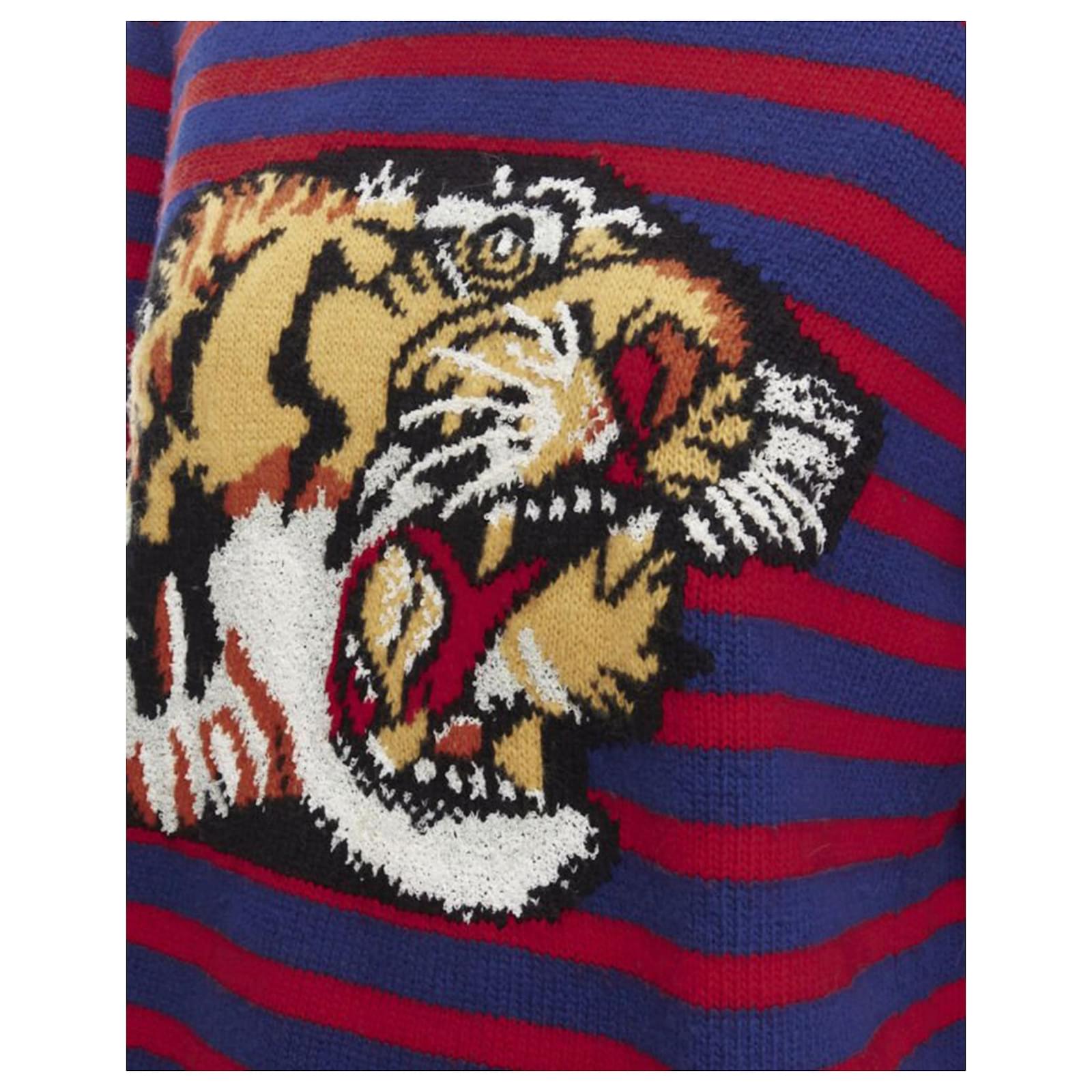 GUCCI Langarm-Pullover aus 100% Wolle in Blau-Rot mit