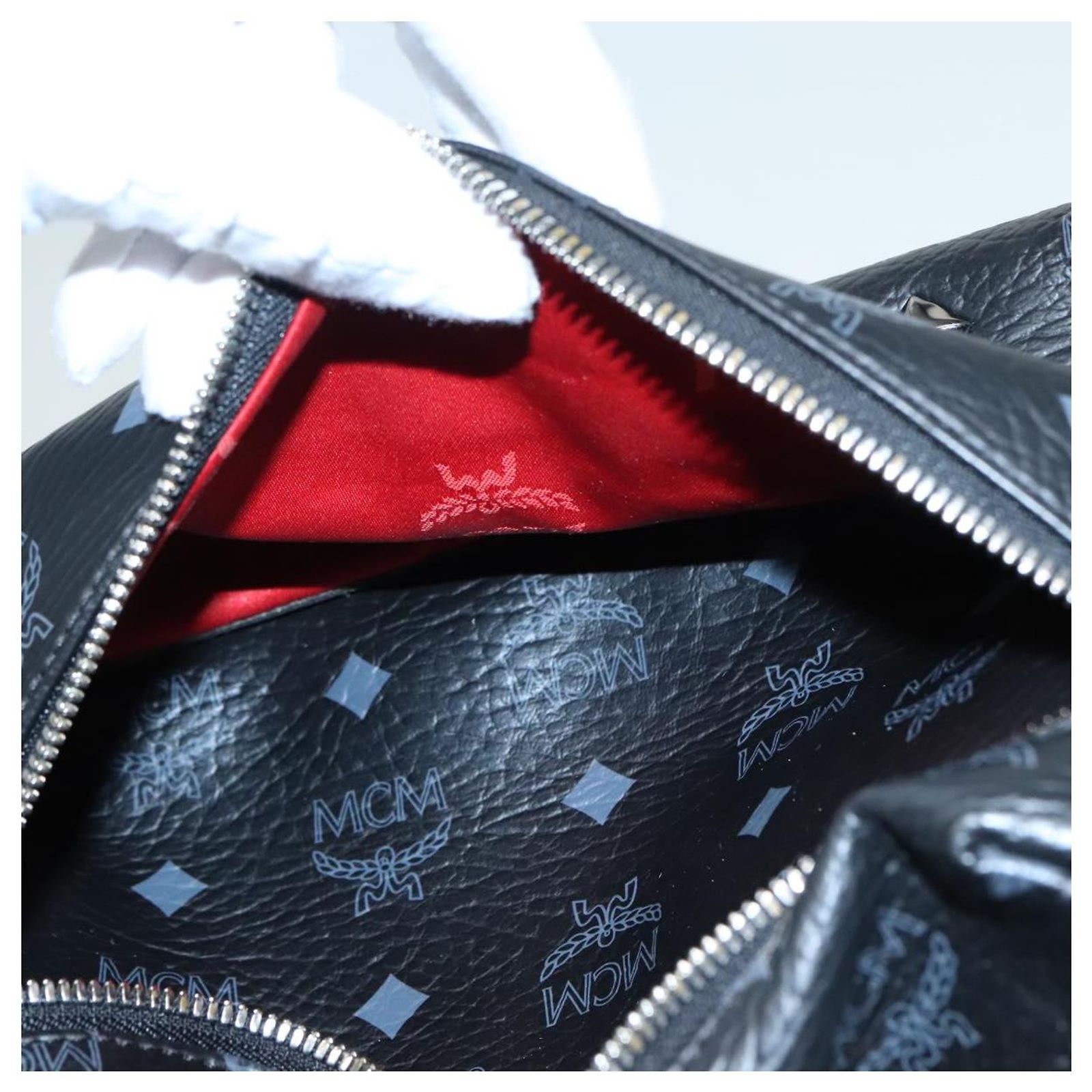 MCM Vicetos Logogram Studs Backpack PVC Black Silver Auth 
