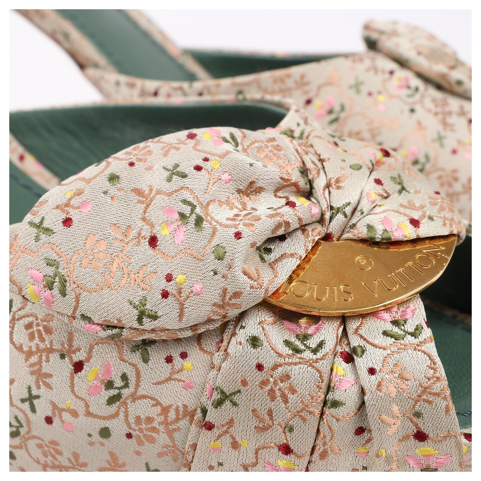 Louis Vuitton Embroidered Fabric Bow Slide Sandals with Heel in Off ...