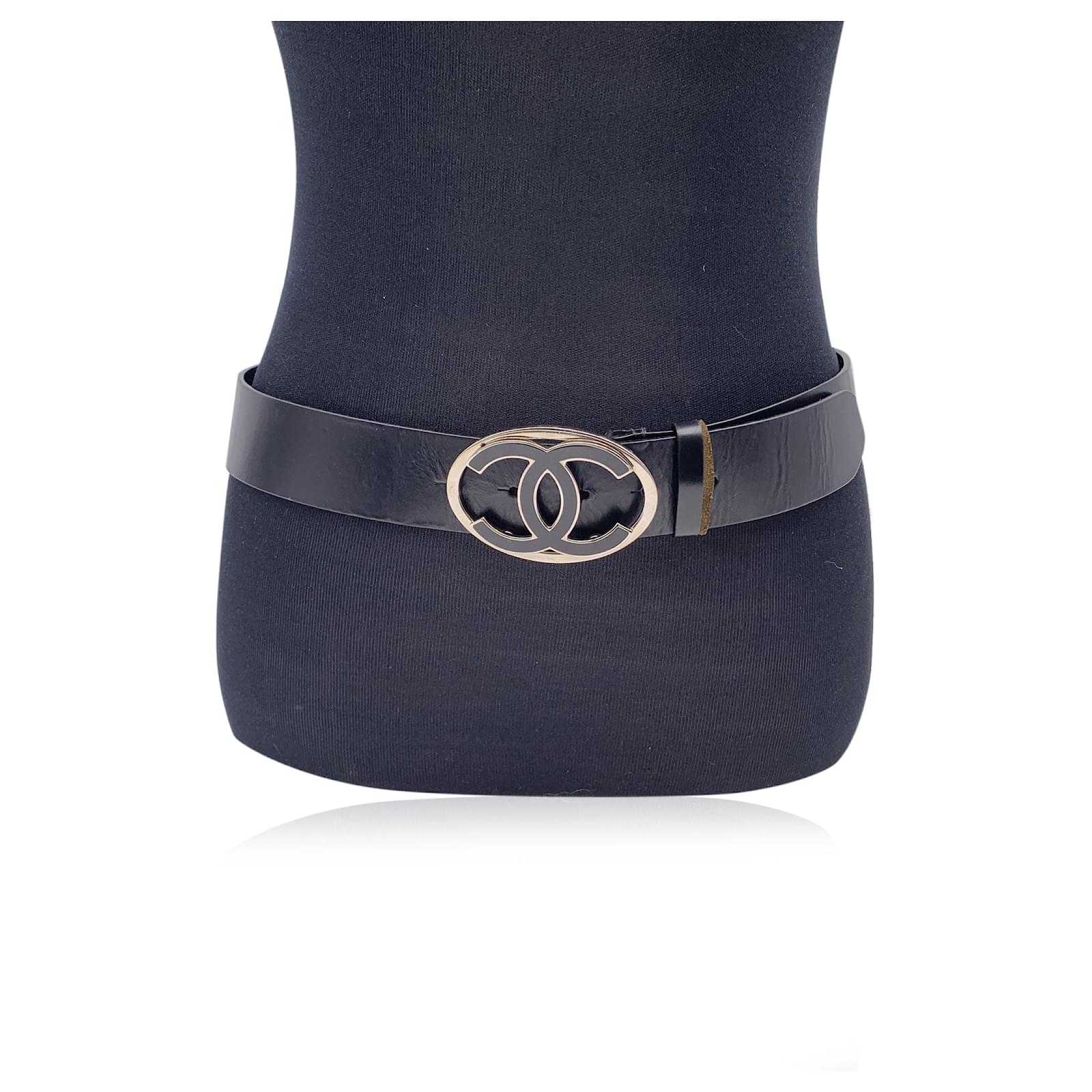 Chanel Black Leather Silver CC Logo Buckle Belt Size 85/34
