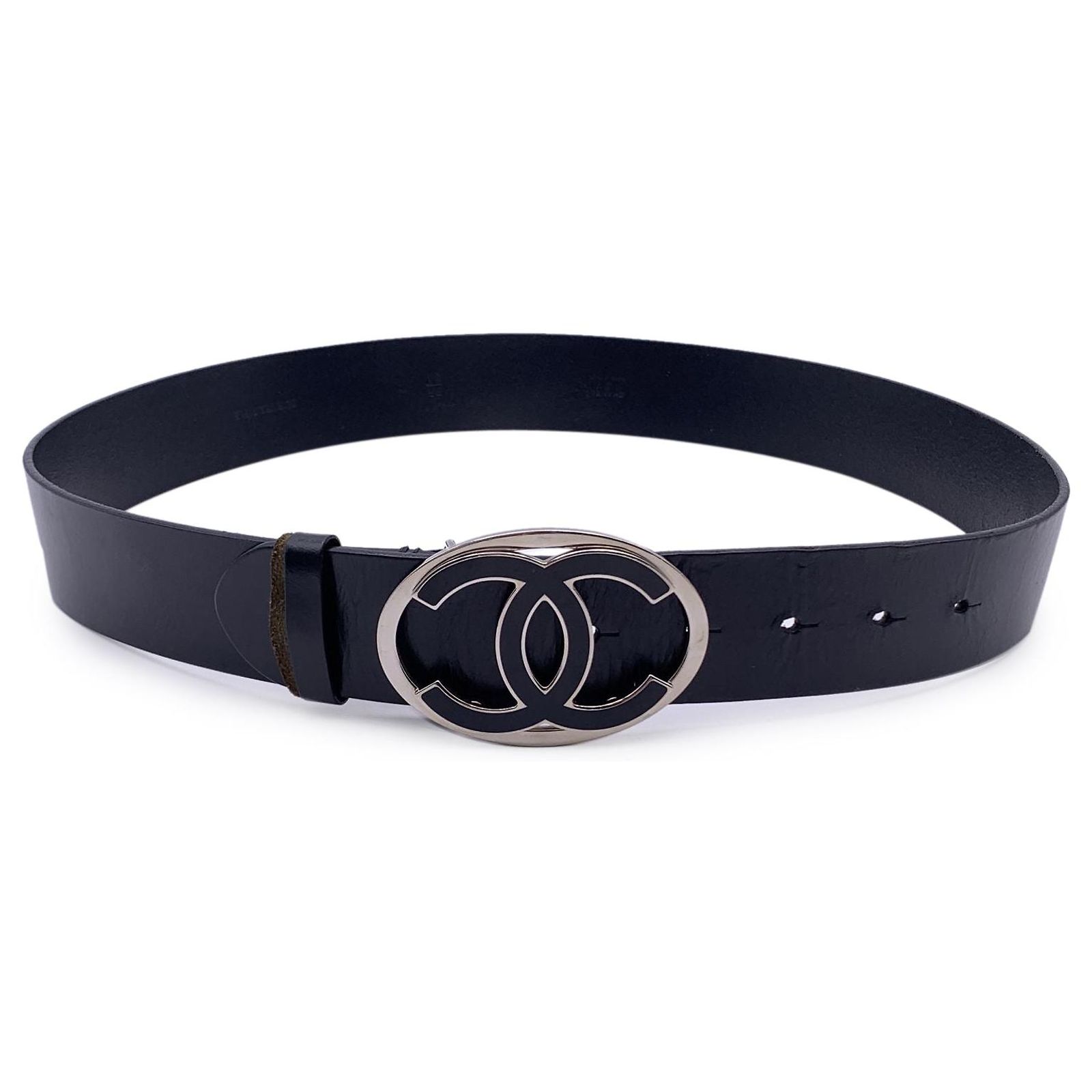 Chanel Black Leather Silver CC Logo Buckle Belt Size 85/34  display picture 1