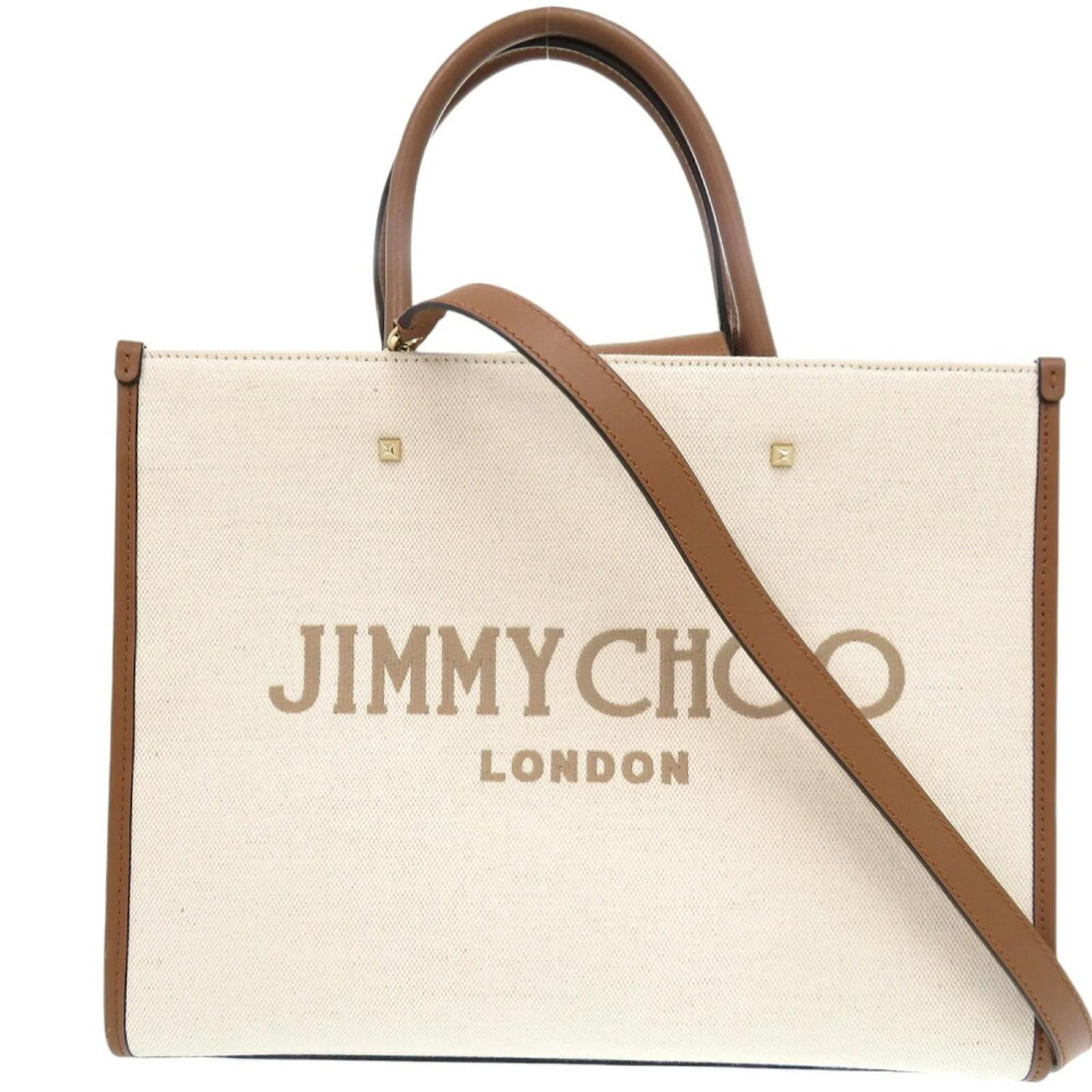 Jimmy Choo Avenue M Canvas Leather Tote Bag Brown Beige