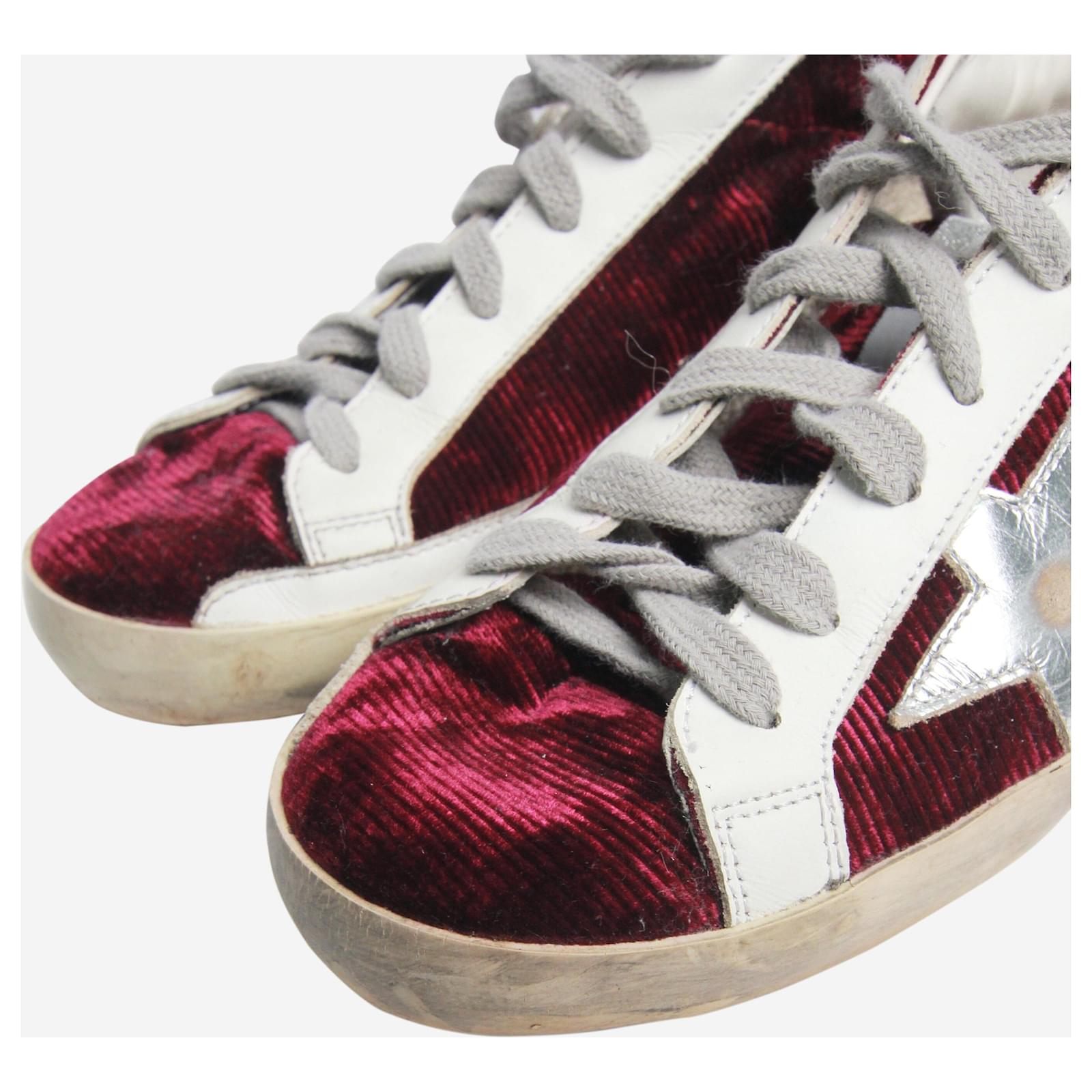 Golden Goose Burgundy velvet printed Super-star trainers size UK