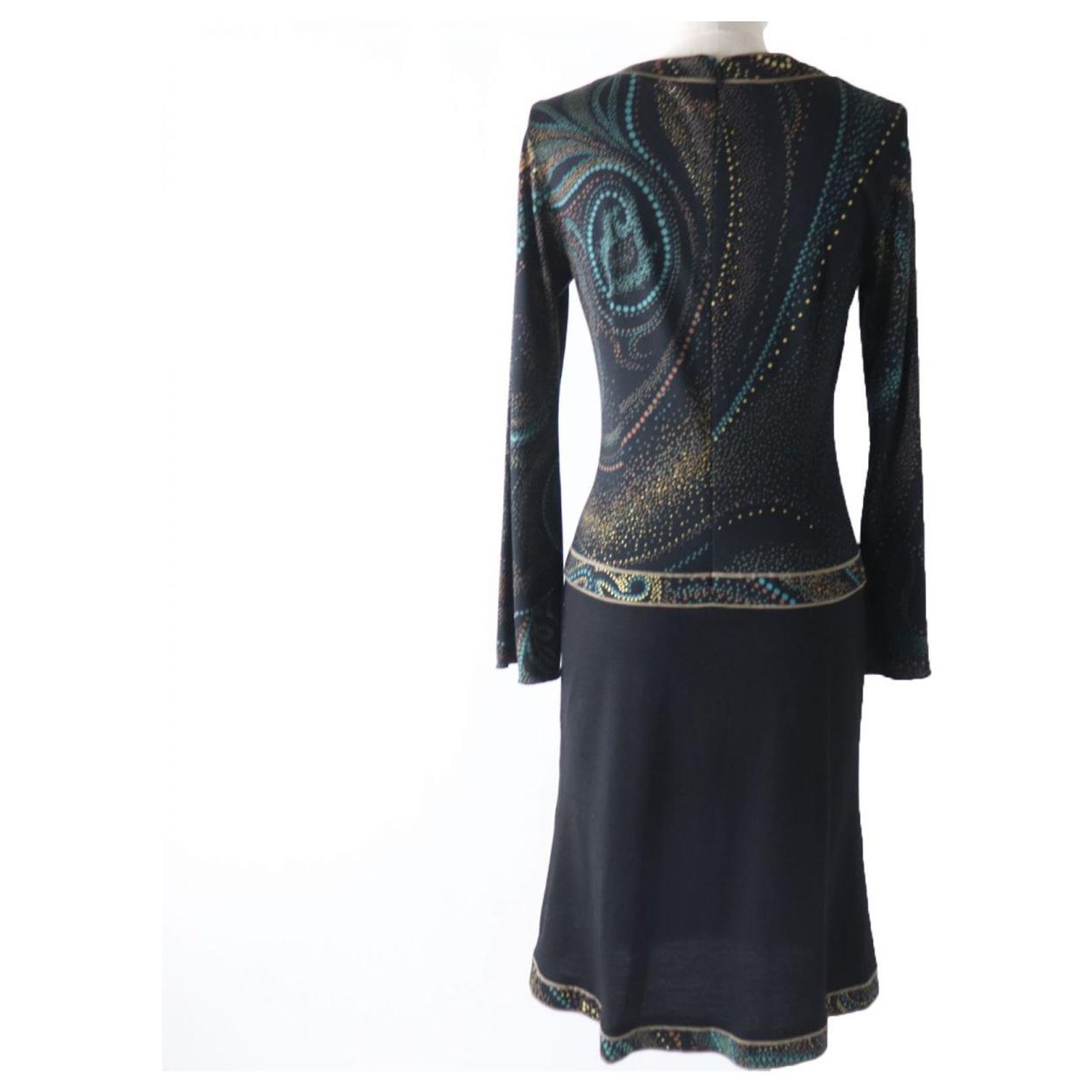 Robe Vintage Leonard - Taille M, Soie Noire Imprimé Fruits, Nœud Au Genou - Occasion Excellent état