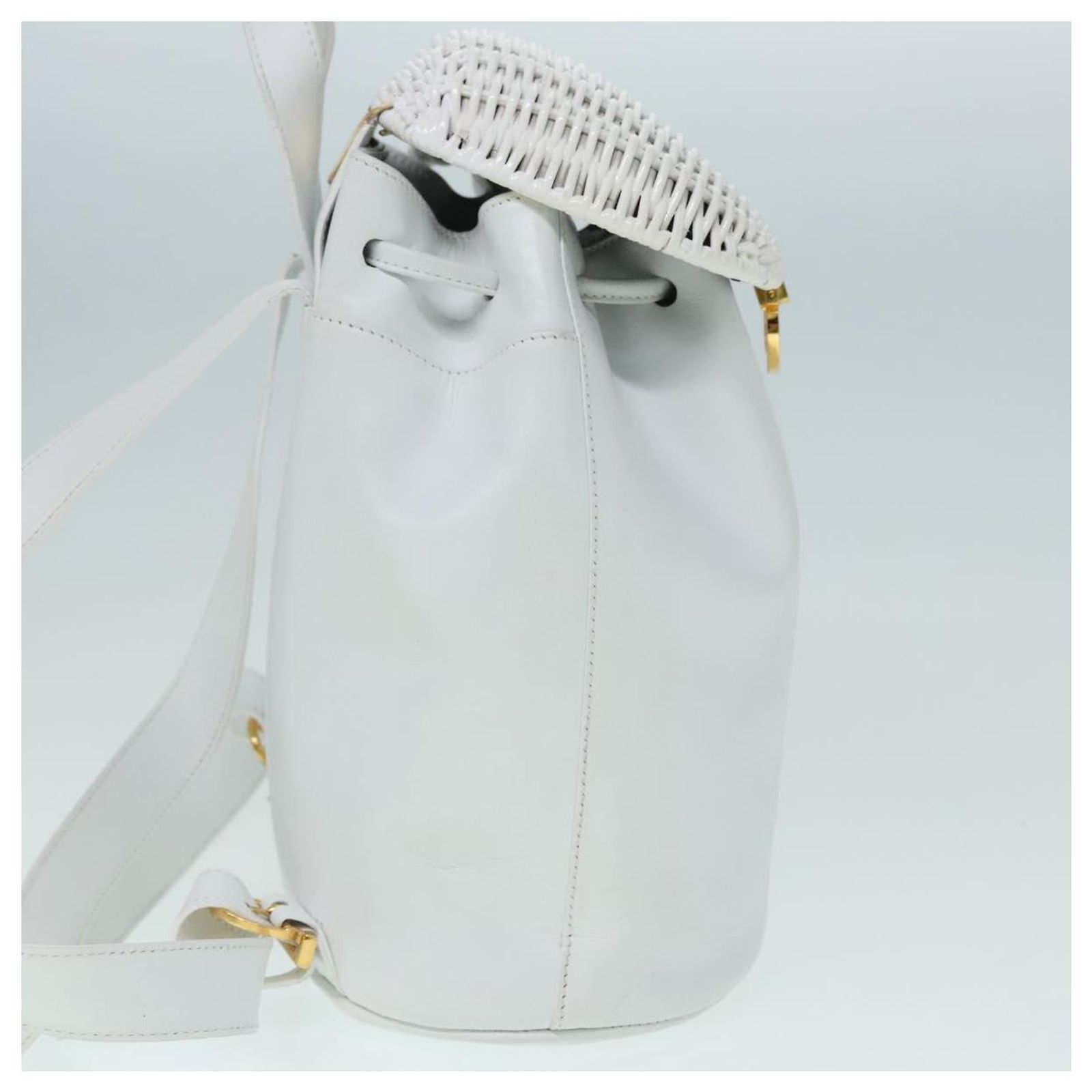 Salvatore Ferragamo Backpack Leather Wicker White Gold Auth 