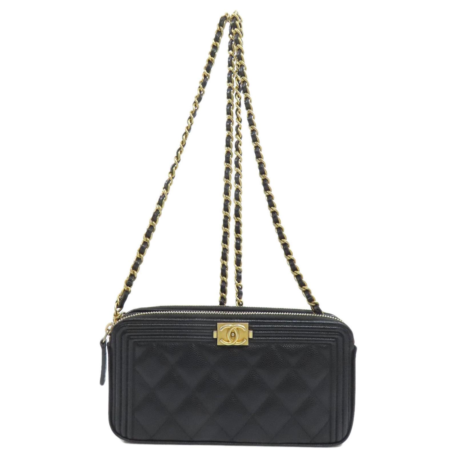 Chanel Boy Long Caviar Skin Chain Wallet Black Leather