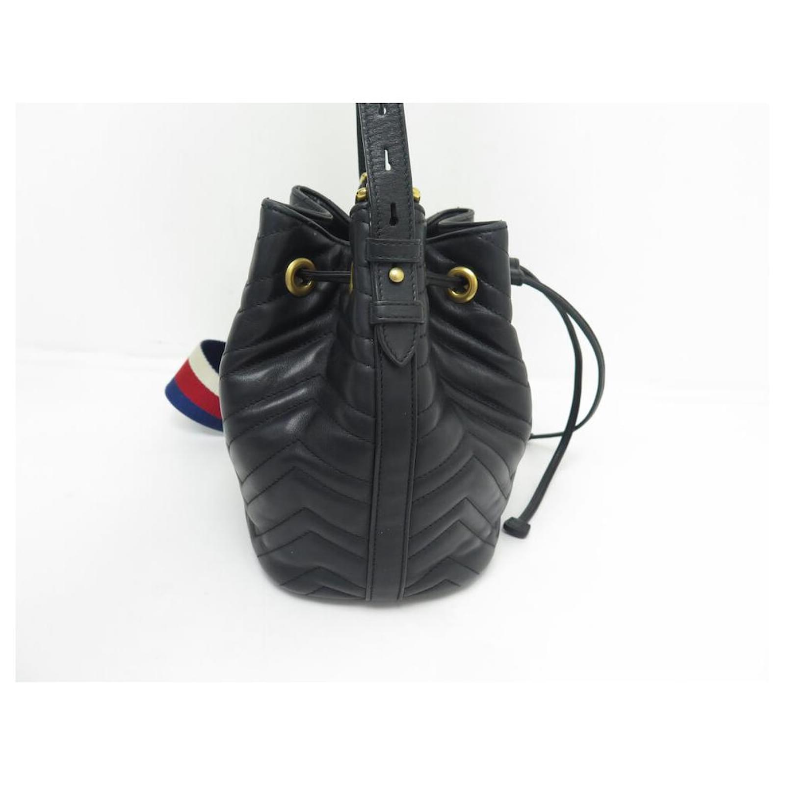 GUCCI GG MARMONT BUCKET 476674 BLACK CHEVRON LEATHER HANDBAG