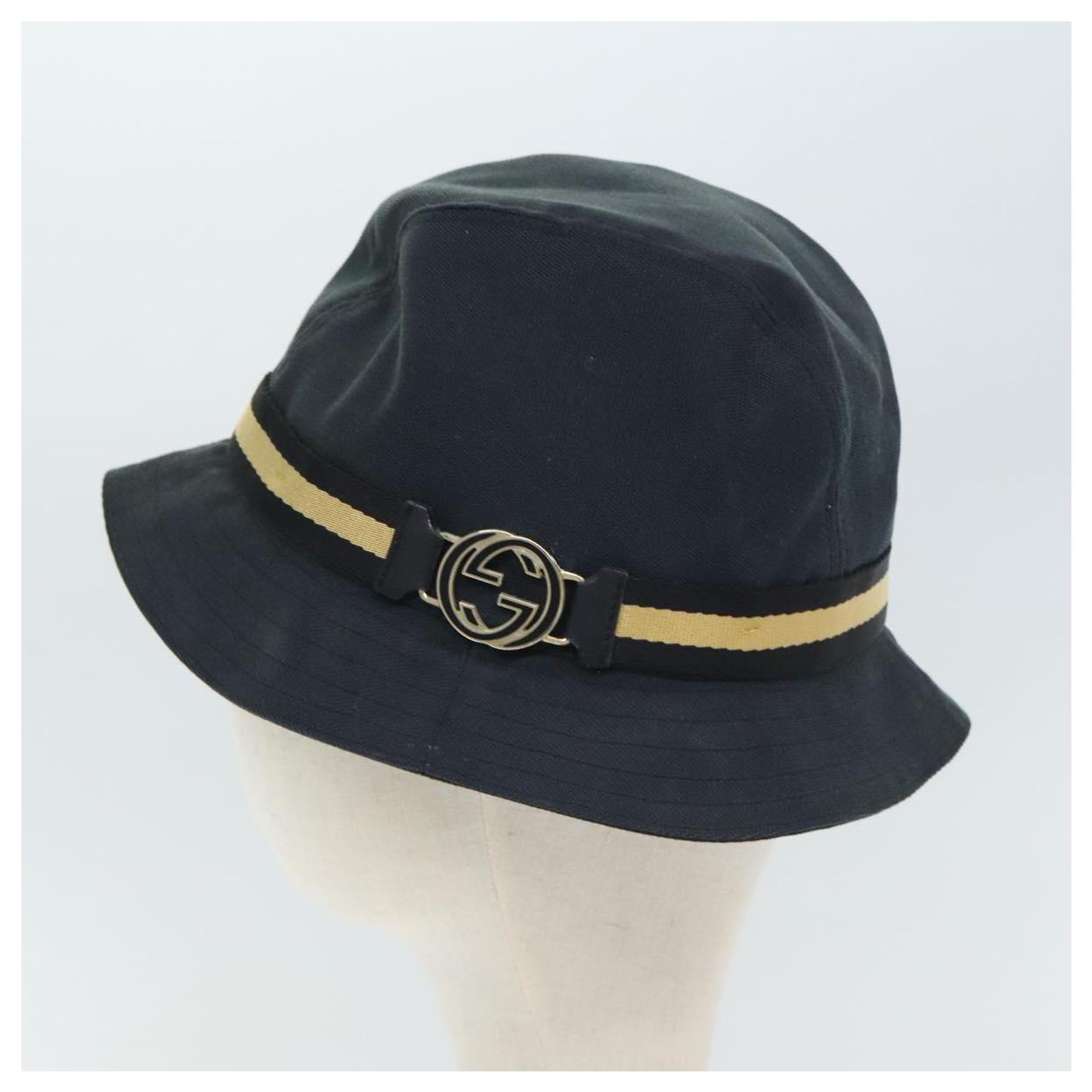 GUCCI Sherry Line Hat Canvas M Black Beige Auth yk15299 