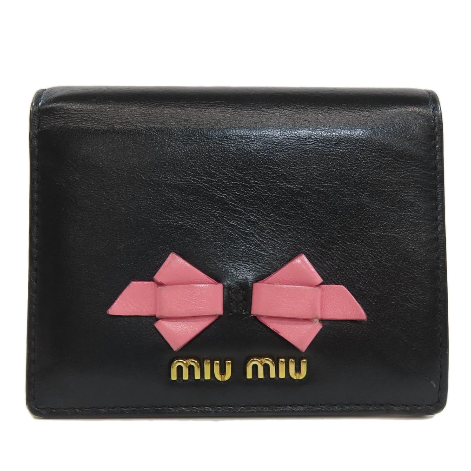 Miu Miu 5MV204 Ribbon Bi-fold Wallet Black Pink Leather ref