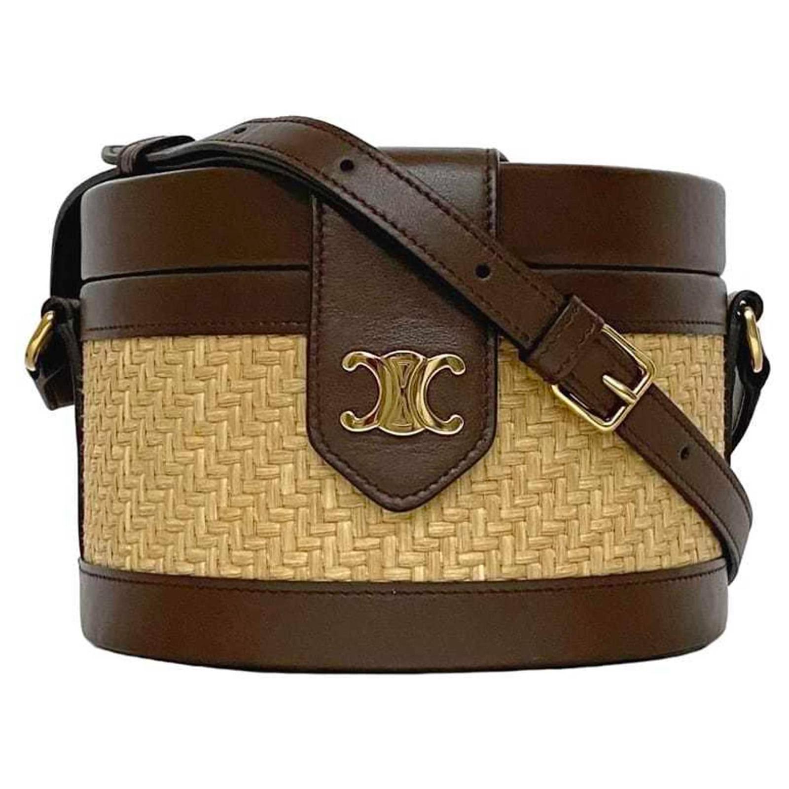 Céline Celine Tambour Shoulder Bag Brown Beige Leather Straw ref