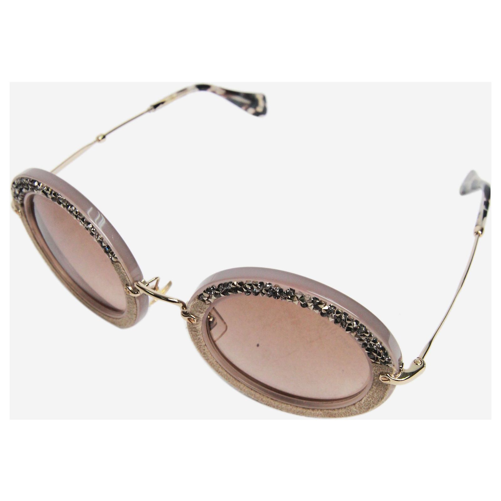 Miu Miu Gold crystal and suede round sunglasses Golden Metal 