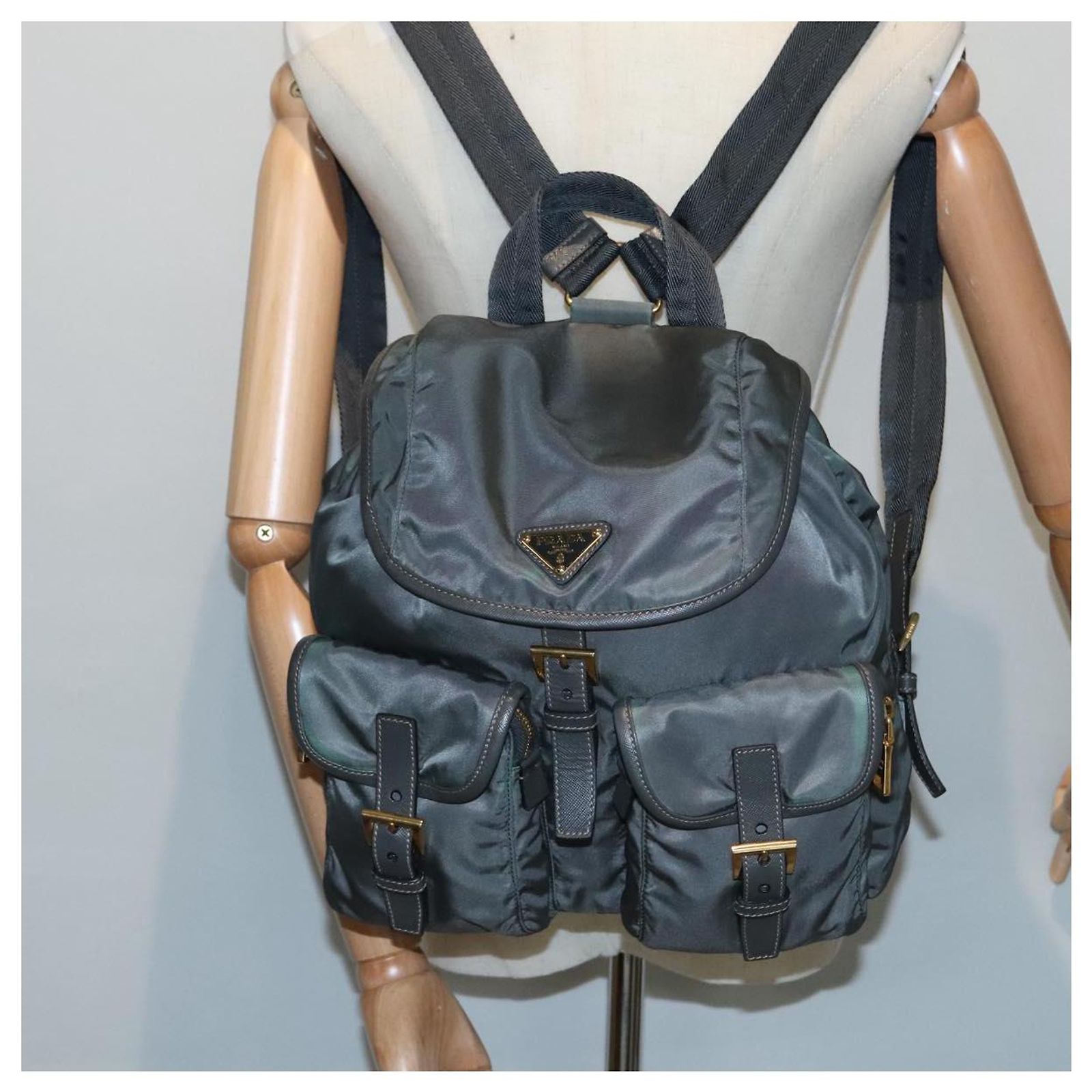 PRADA Backpack Nylon Gray Silver Auth 91247 Brown Silvery 