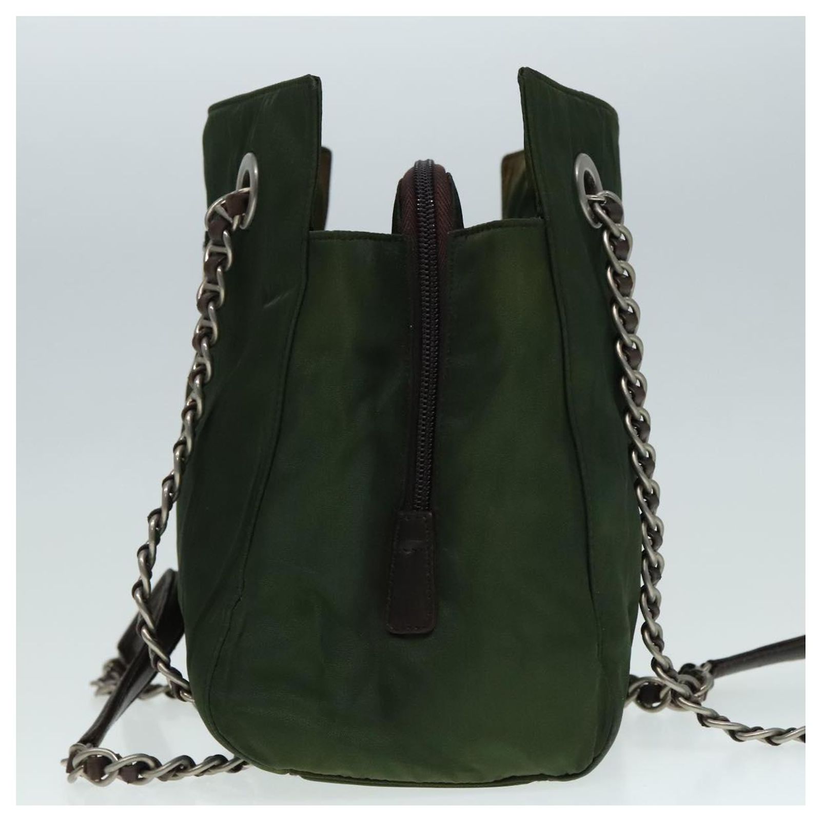 PRADA Chain Shoulder Bag Nylon Khaki Brown Silver Auth yk15336 