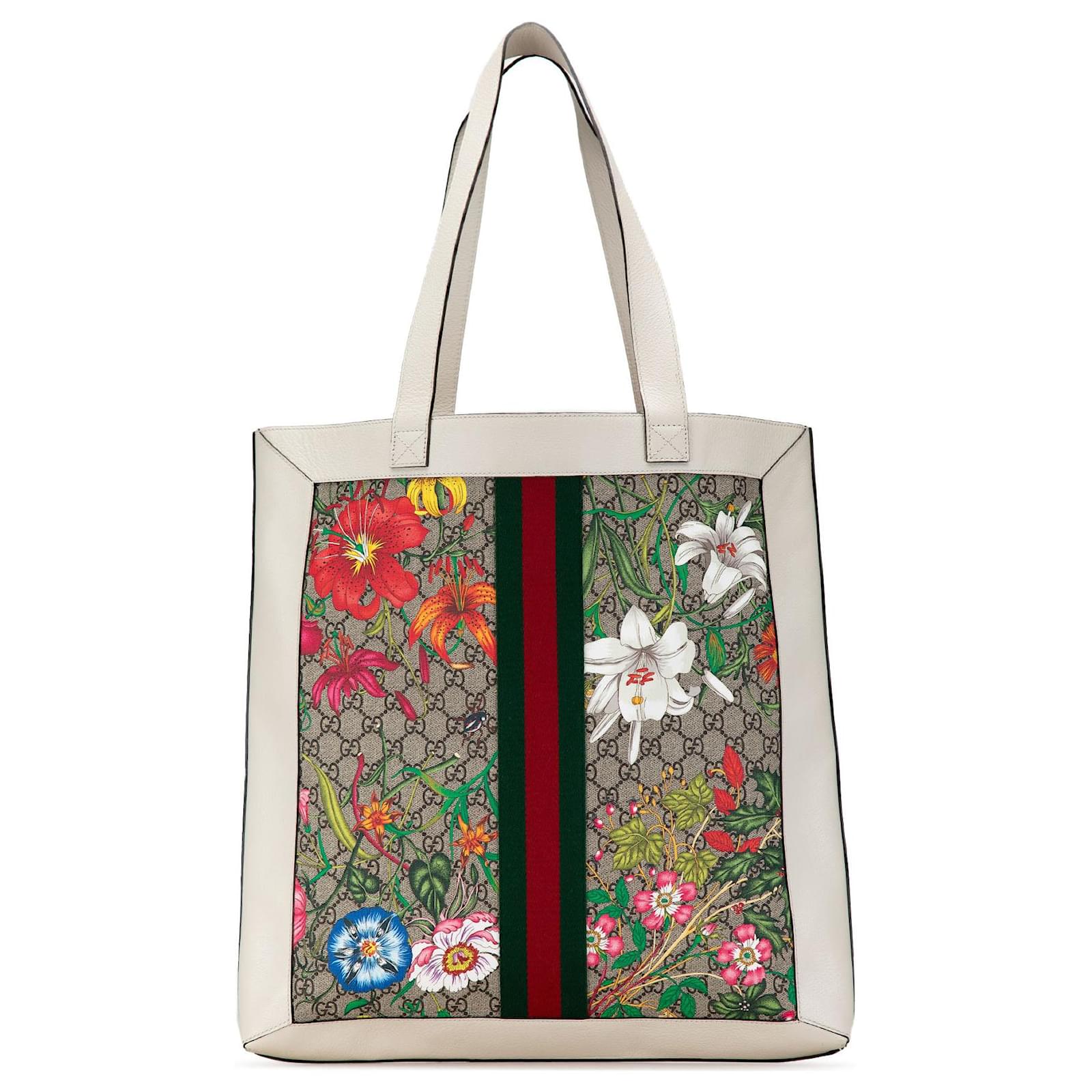 White Gucci GG Supreme Flora Ophidia Tote Multiple colors Leather
