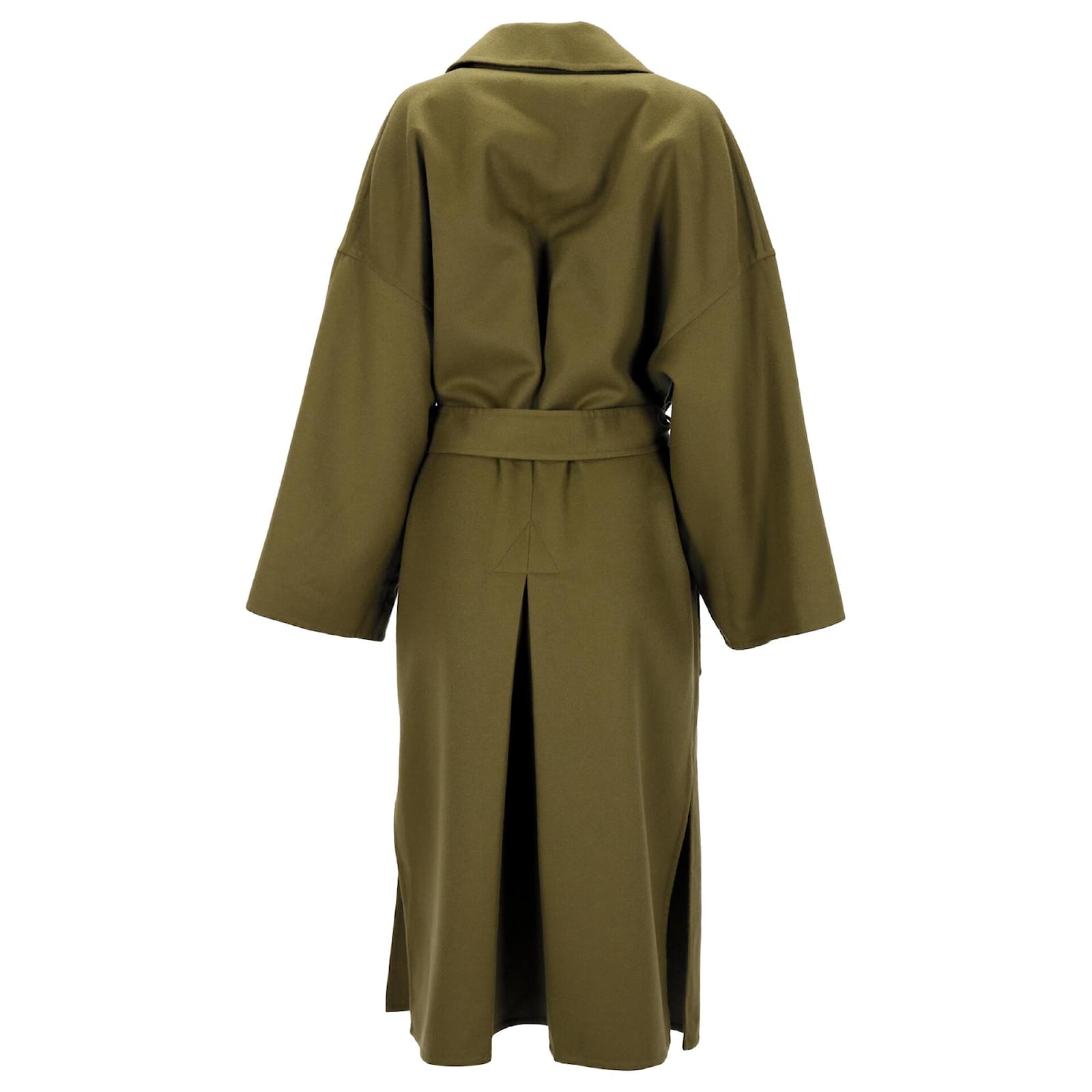 Loewe Belted Coat In Olive Wool And Cashmere-Blend Green