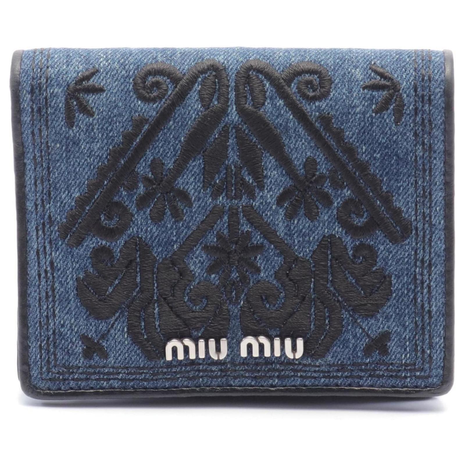 Miu Miu Denim Ricamo Bi-fold Wallet Black Navy blue Leather