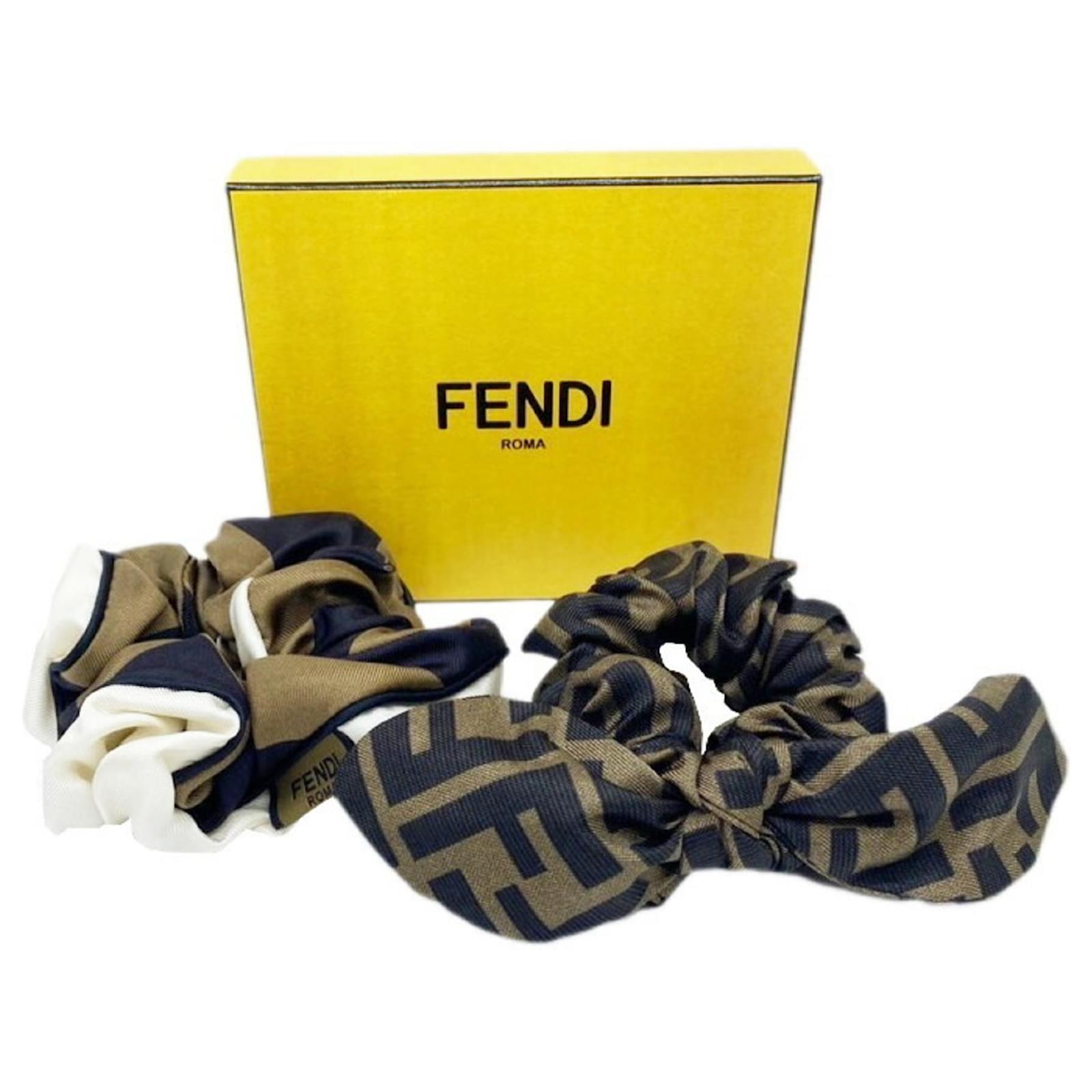 Fendi Brown and White Silk Scrunchie Set Joli Closet