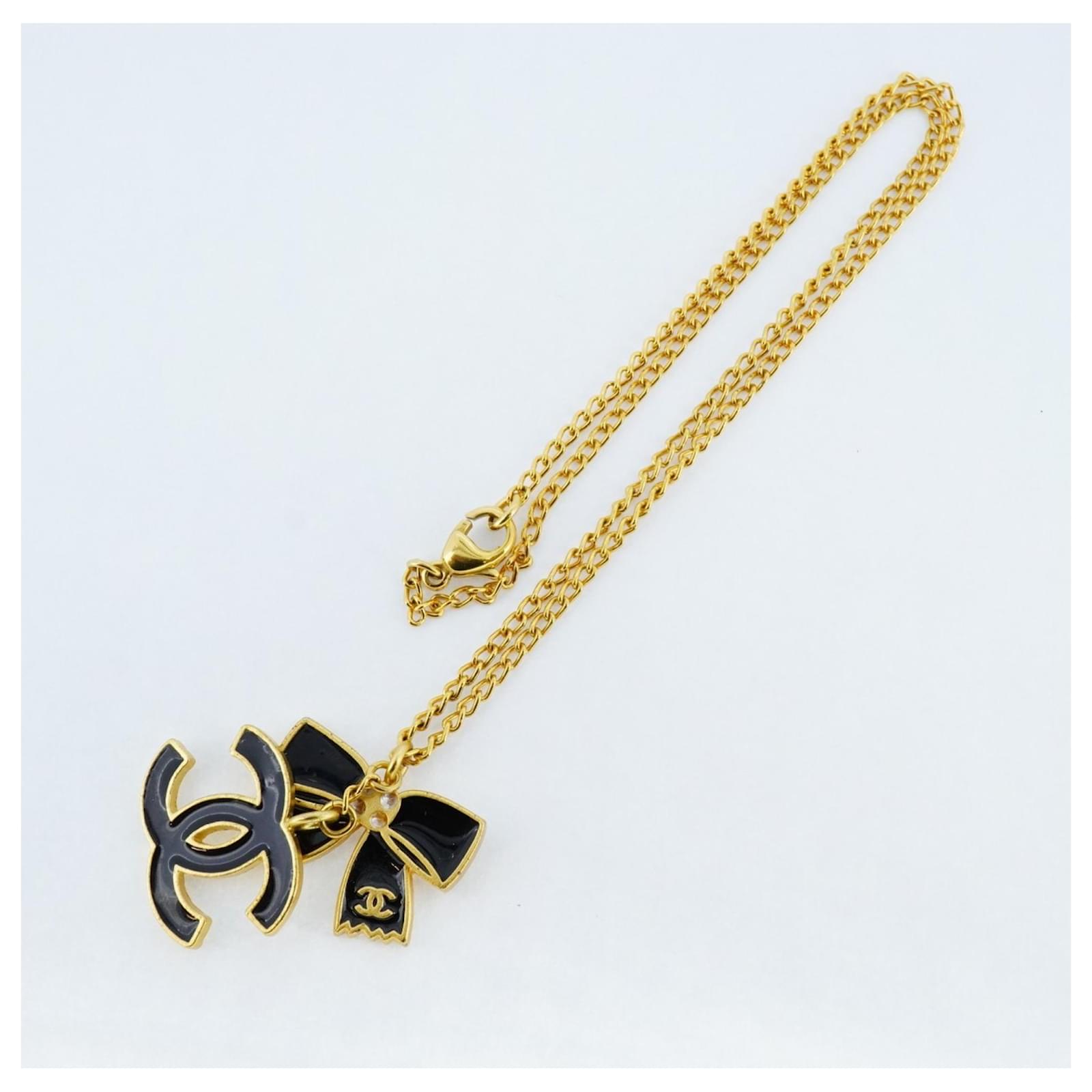 Chanel Necklace Coco Mark Ribbon Motif Black Golden Gold