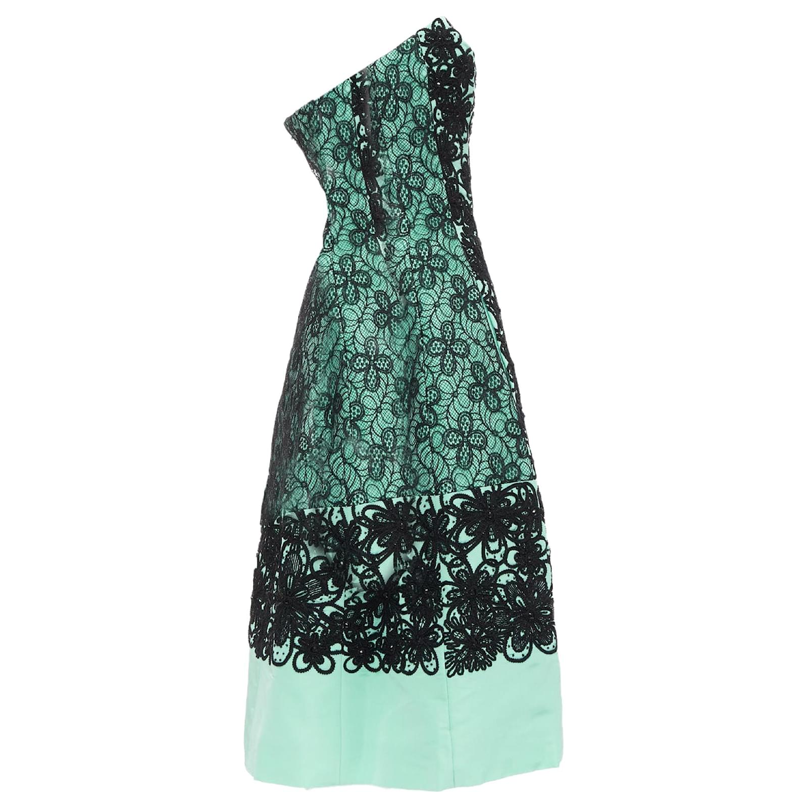 Oscar De La Renta Runway Silk Turquoise Cocktail Black Dress Green ref.JC1717400 (Sold) - Joli Closet Oscar De La Renta Runway Silk Turquoise Cocktail Black Dress Green ref.JC1717400 (Sold) - Joli Closet